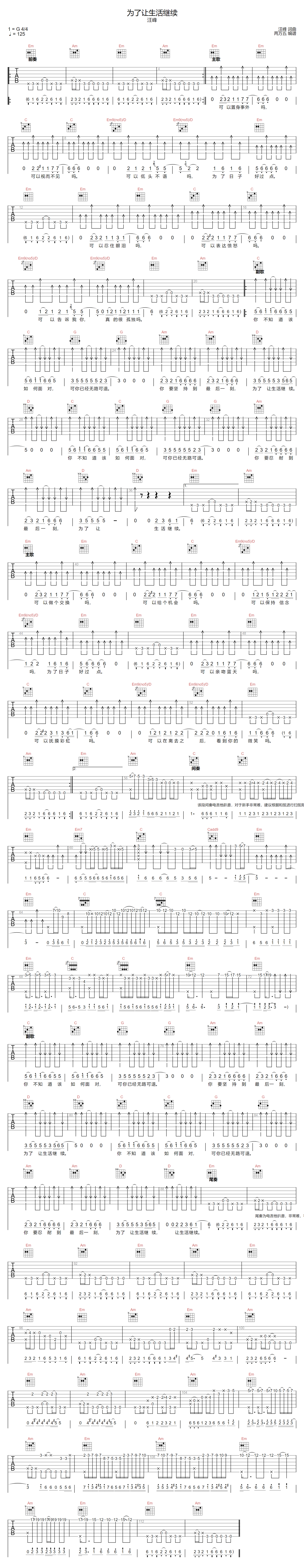 为了让生活继续吉他谱_汪峰_G调原版_高清弹唱六线谱