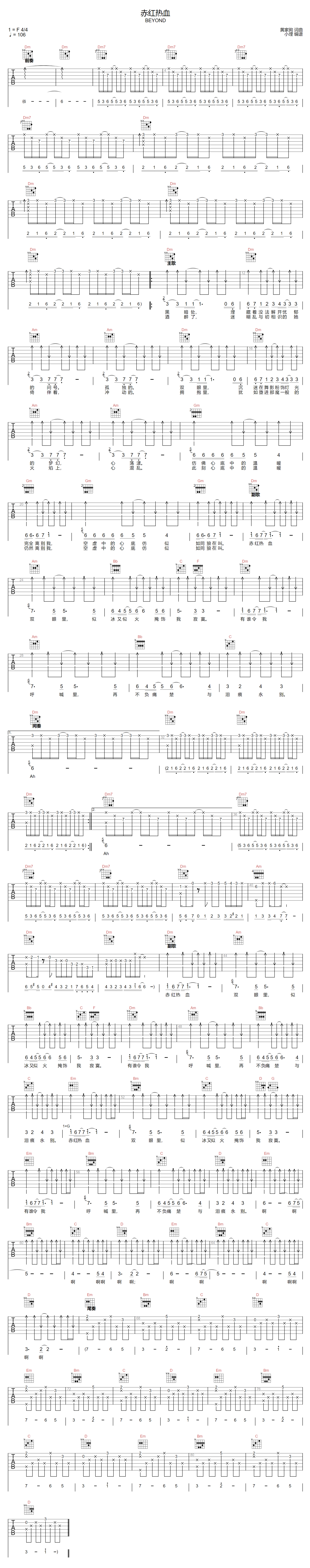 赤红热血吉他谱_Beyond_F调原版_高清弹唱六线谱