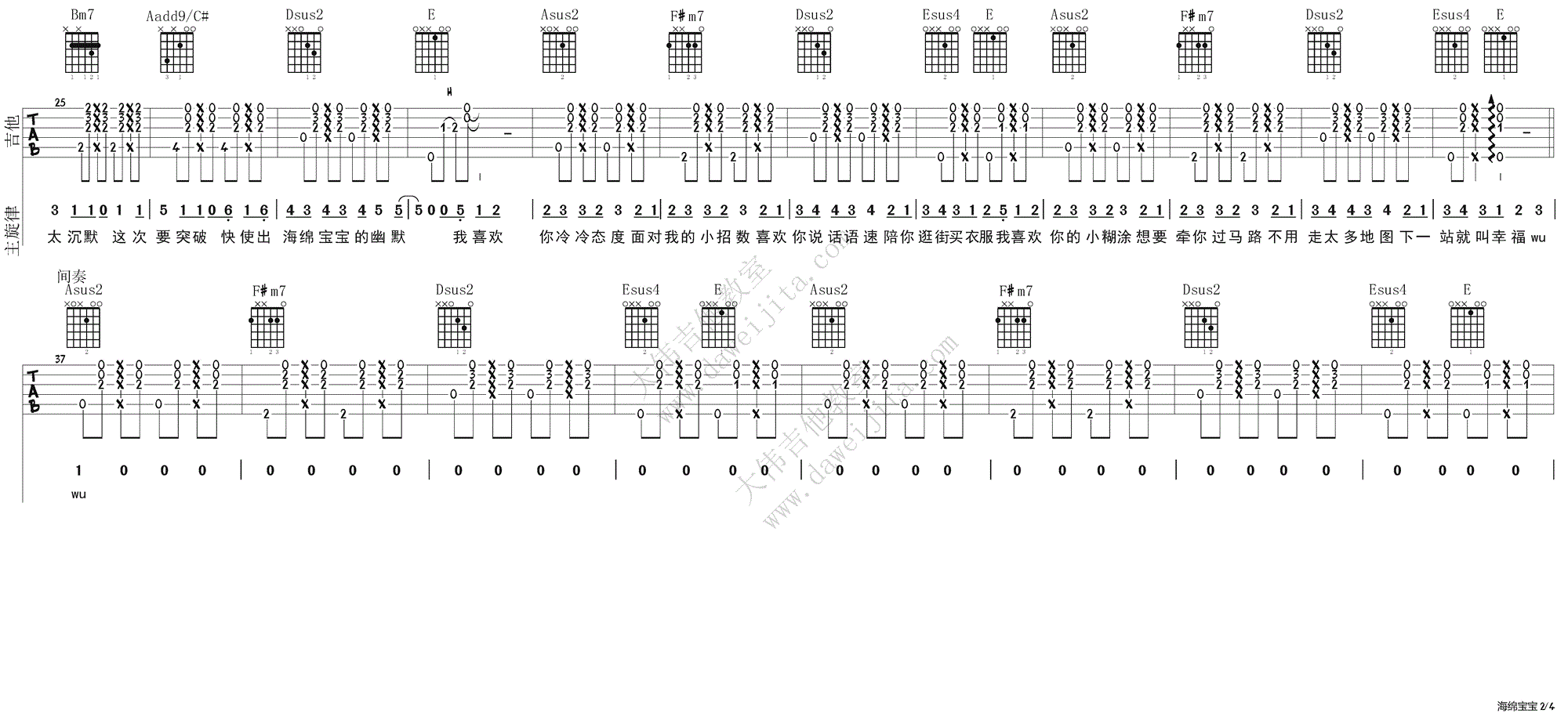 海绵宝宝吉他谱_回音哥_A调原版六线谱_吉他弹唱教学视频2