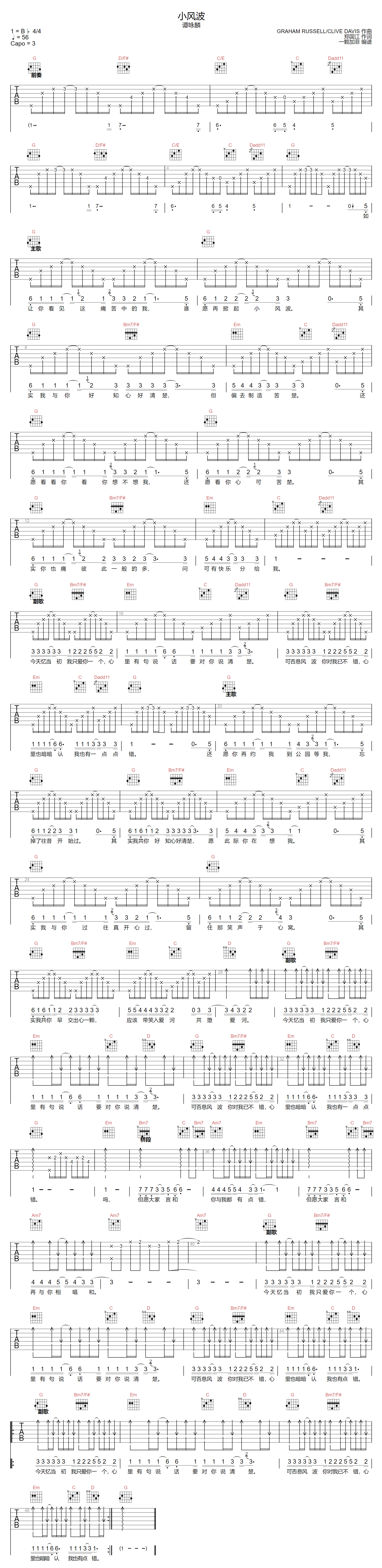 小风波吉他谱_谭咏麟_小风波G调原版_高清弹唱六线谱