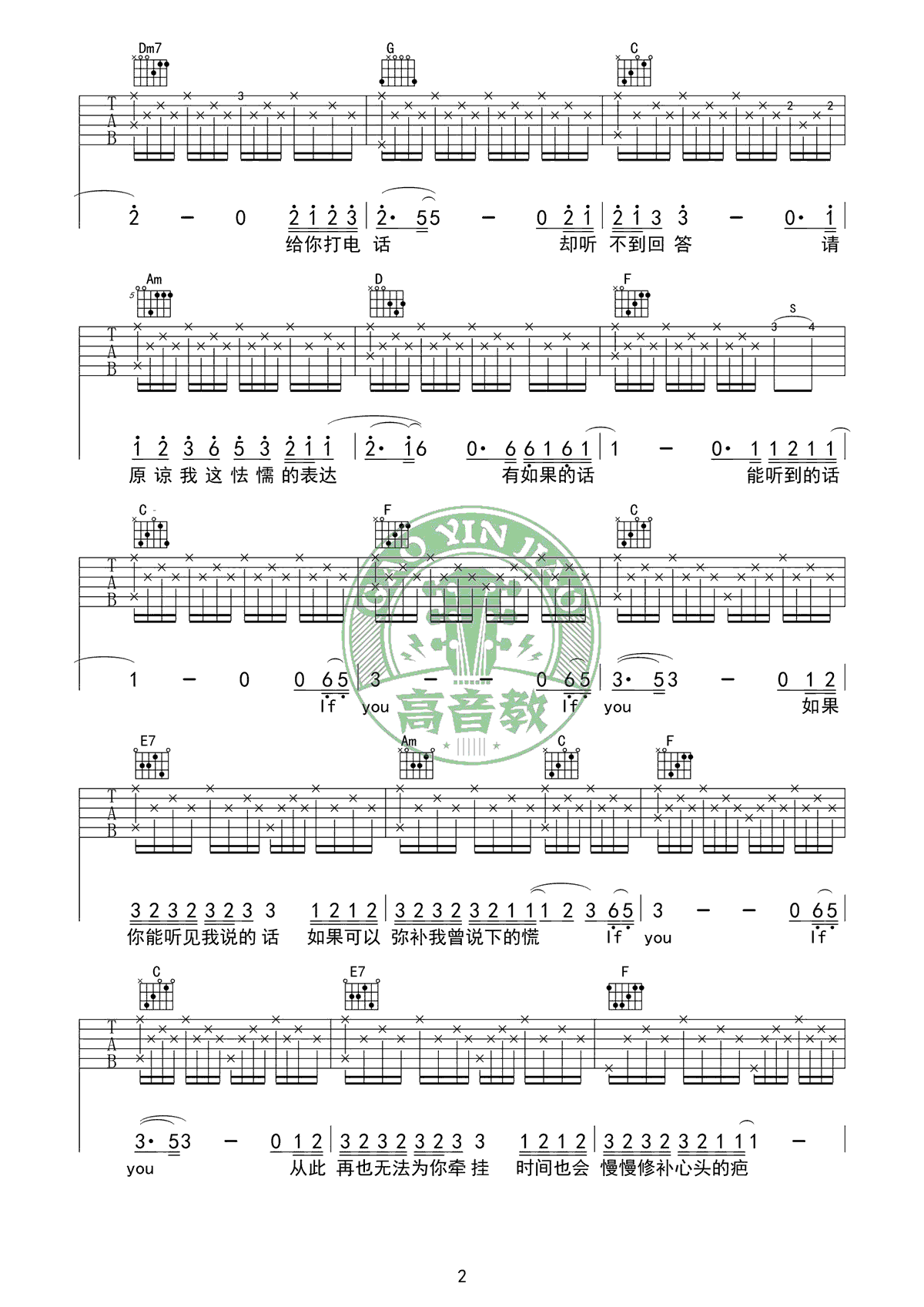 If You吉他谱_BigBang_C调原版_If You高清弹唱六线谱2