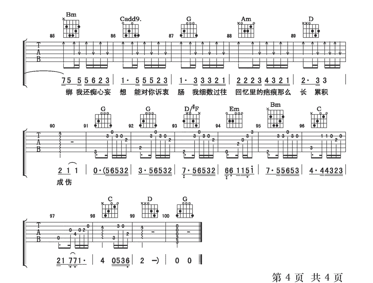 回忆那么伤吉他谱_孙子涵_G调原版_高清弹唱六线谱4