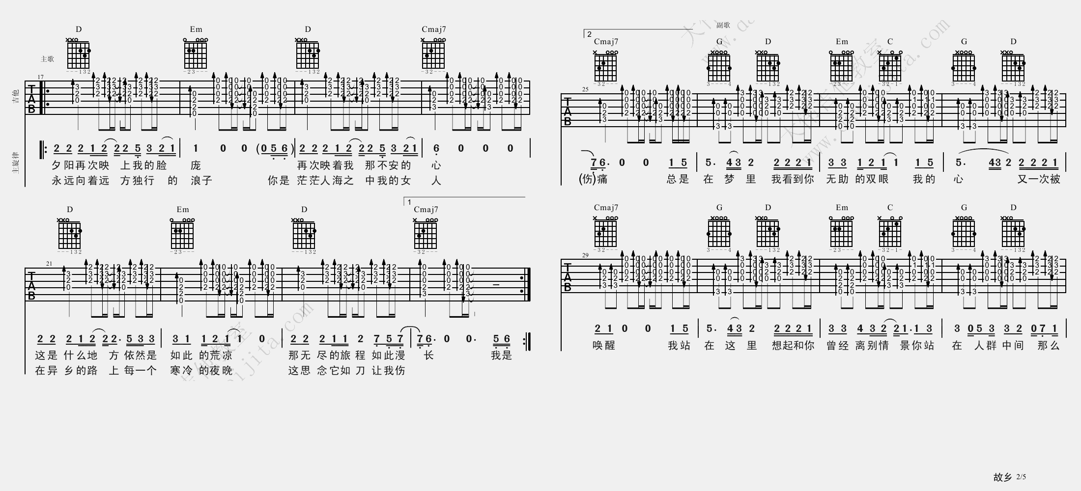 故乡吉他谱_许巍_《故乡》G调六线谱_吉他弹唱教学视频2