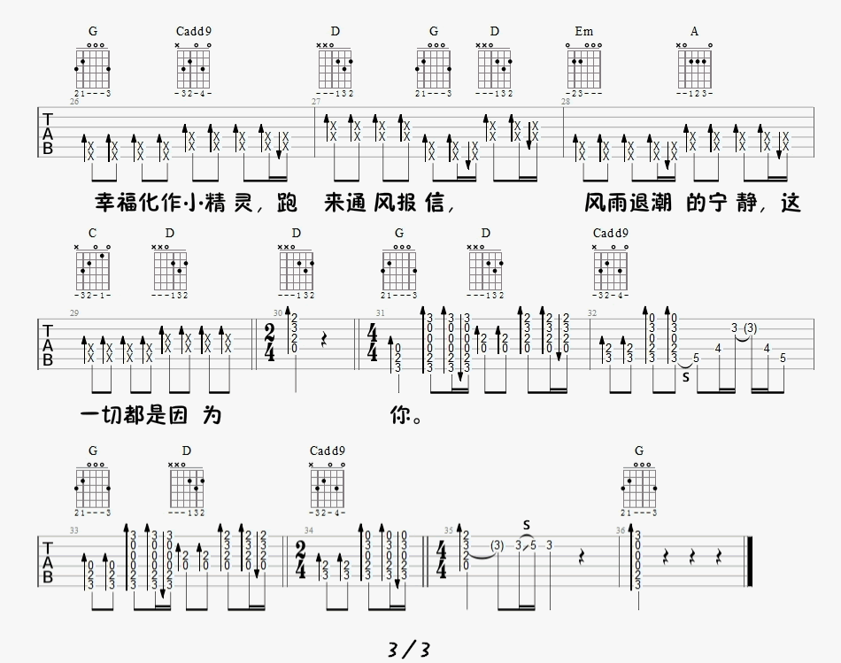 小精灵吉他谱_吴青峰/刘家凯_G调六线谱_吉他弹唱教学视频3