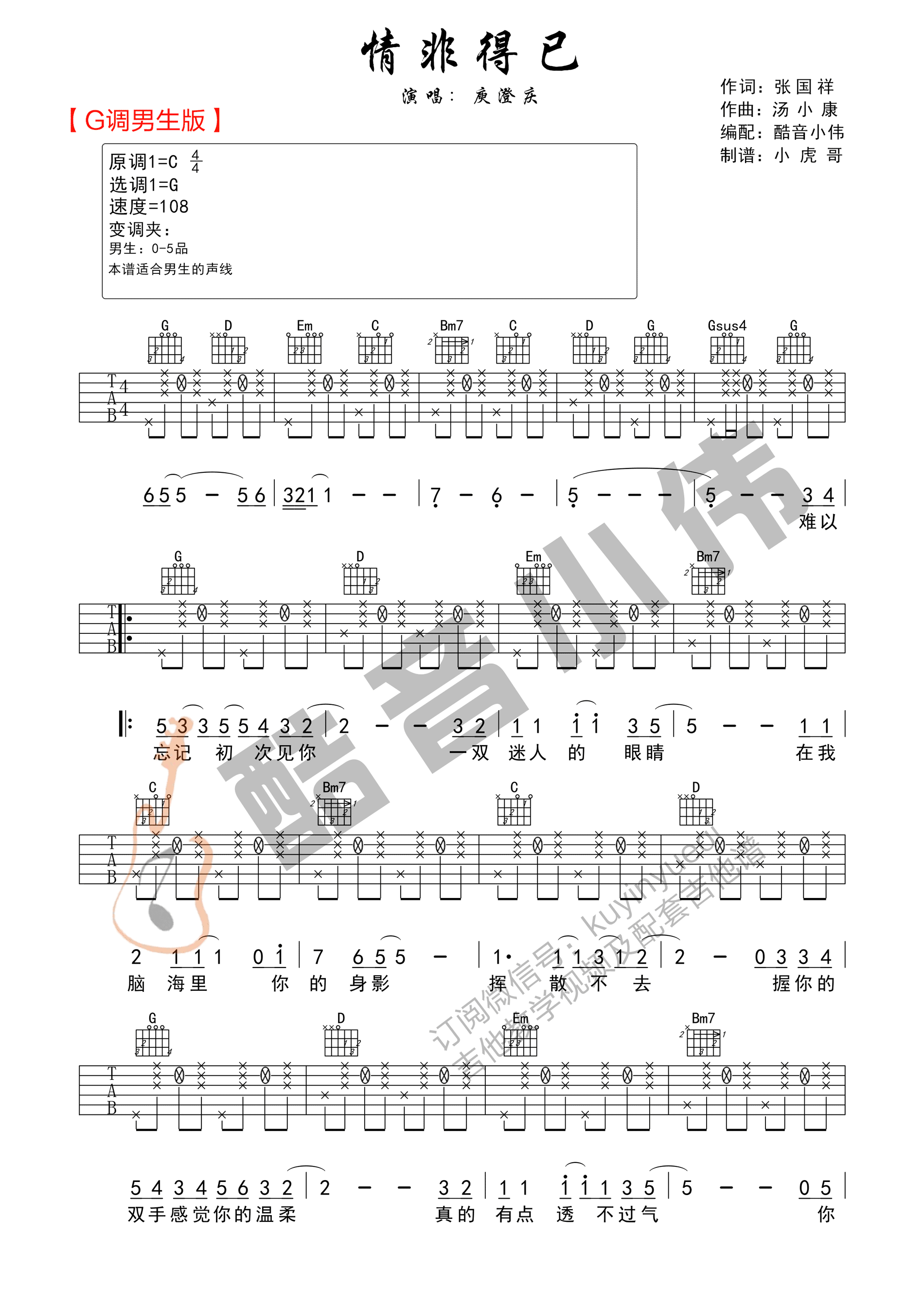 情非得已吉他谱_庾澄庆_G调拍弦版六线谱_弹唱教学视频1
