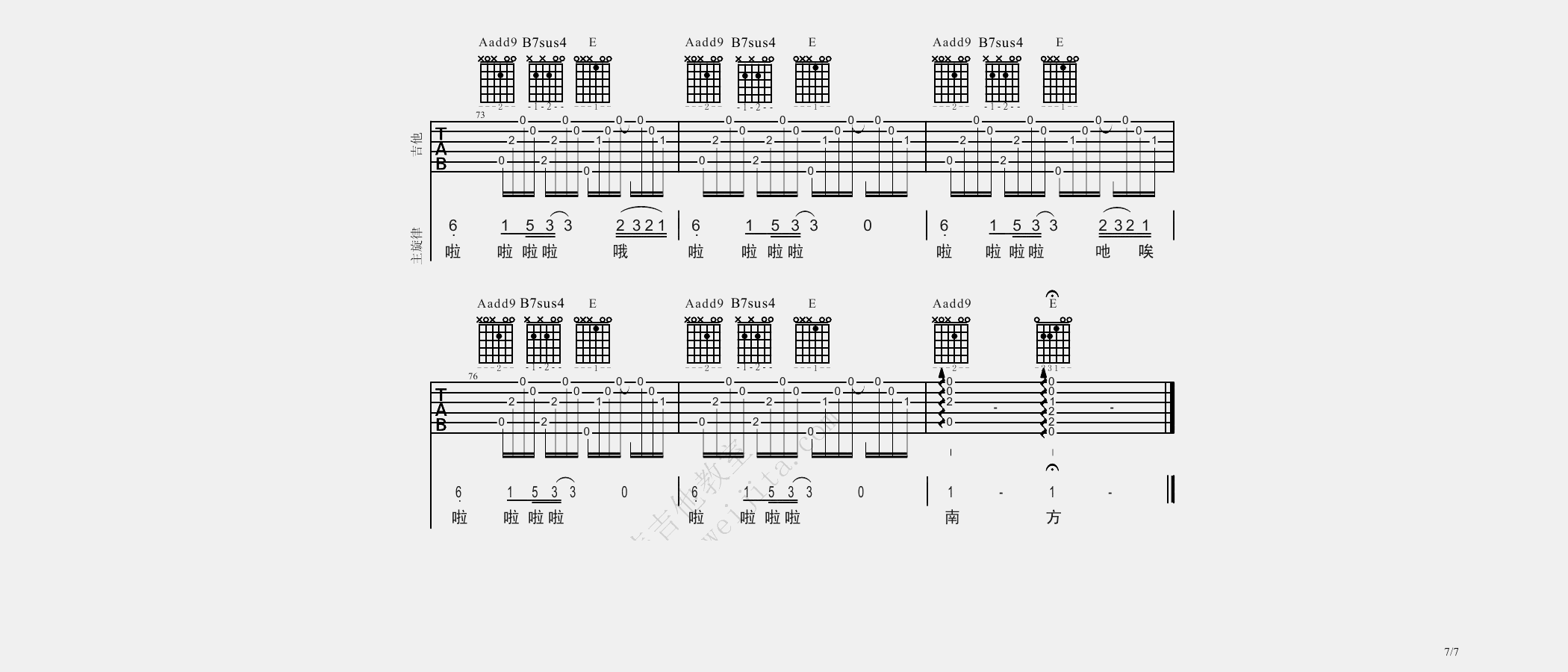 南方姑娘吉他谱_赵雷_E调原版六线谱_吉他弹唱教学视频7