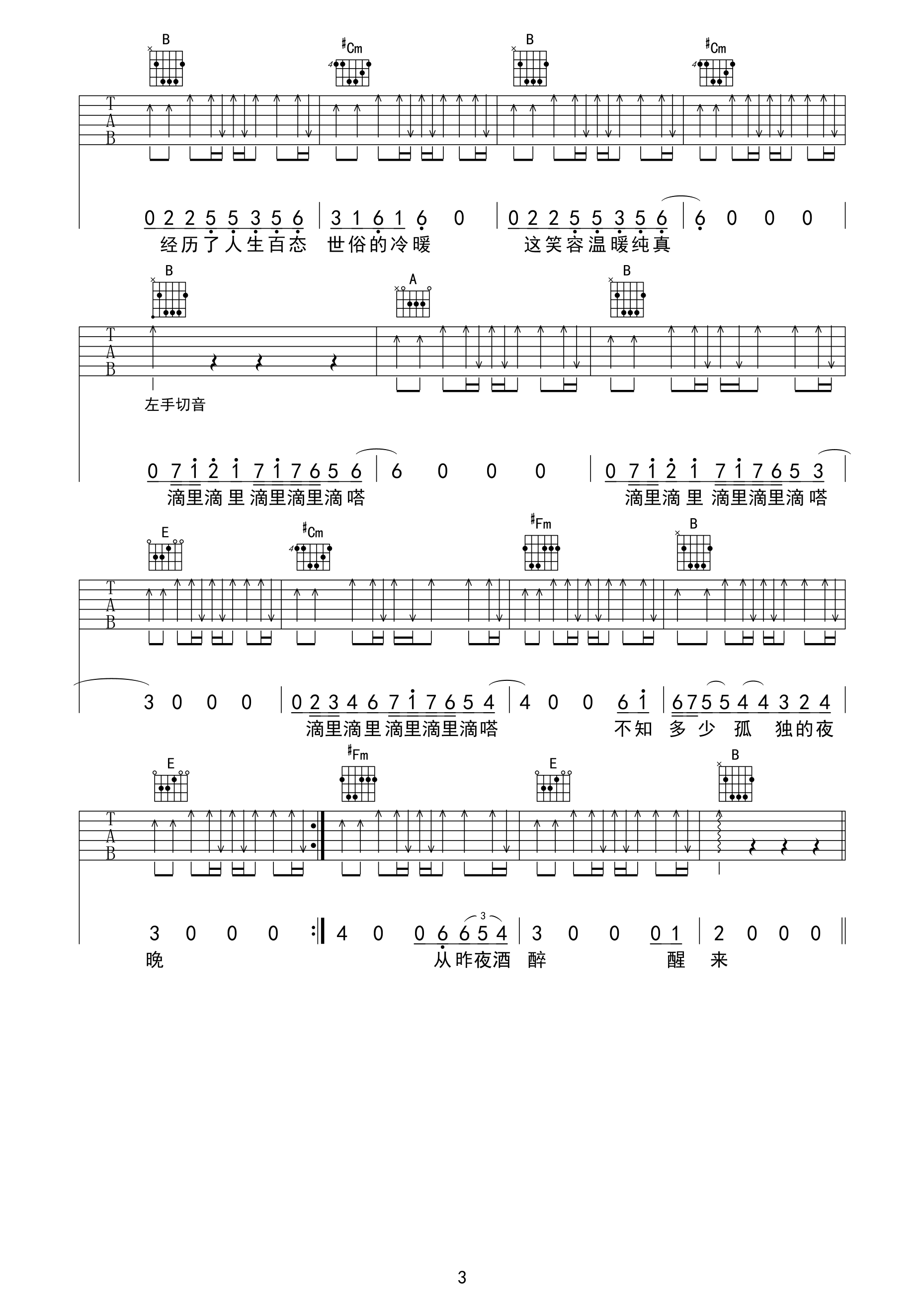 曾经的你吉他谱_许巍_A调扫弦版_高清弹唱六线谱3