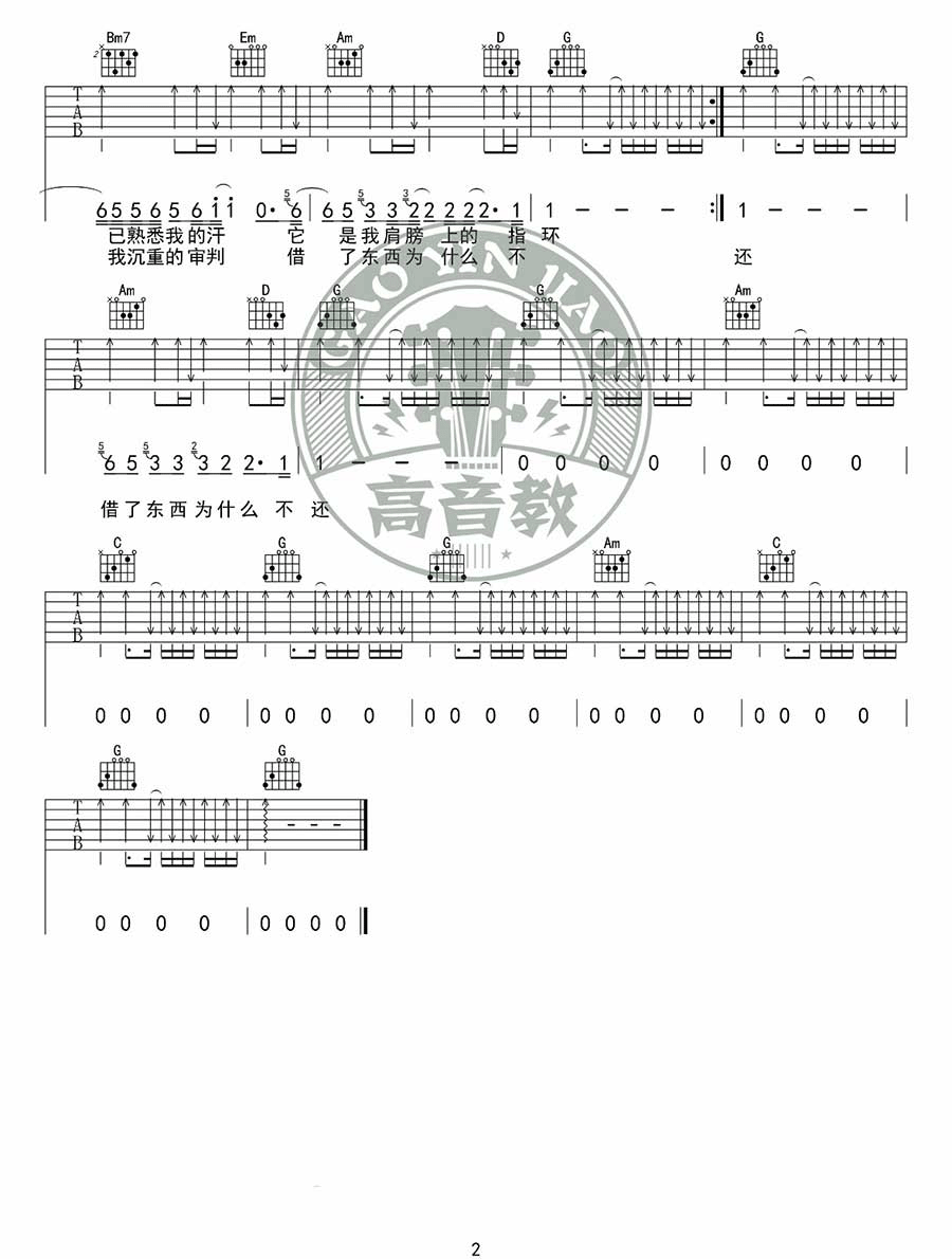 你的背包吉他谱_陈奕迅_G调简单版_高清弹唱六线谱2