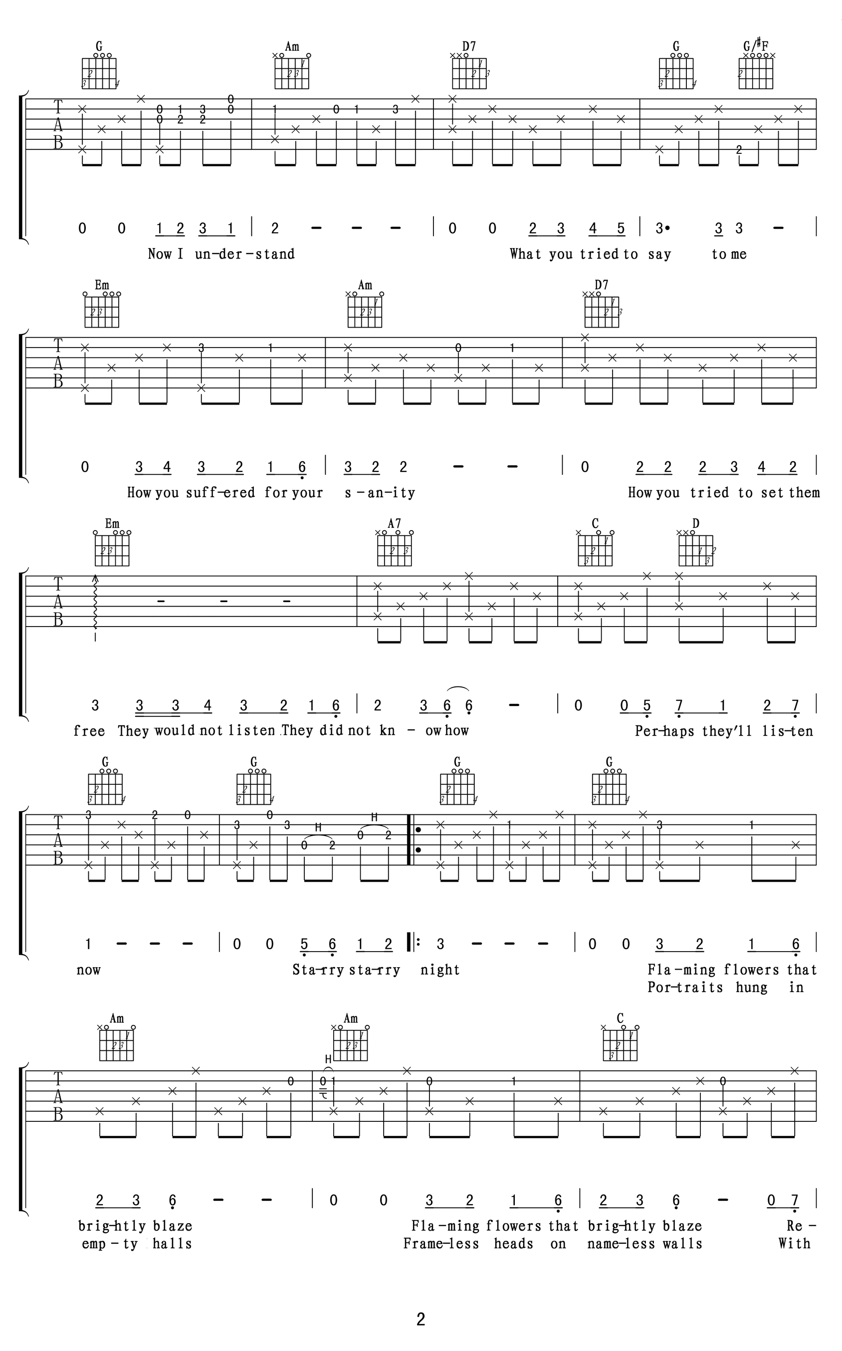 Vincent吉他谱_Don Mclean_G调六线谱_吉他弹唱教学视频2