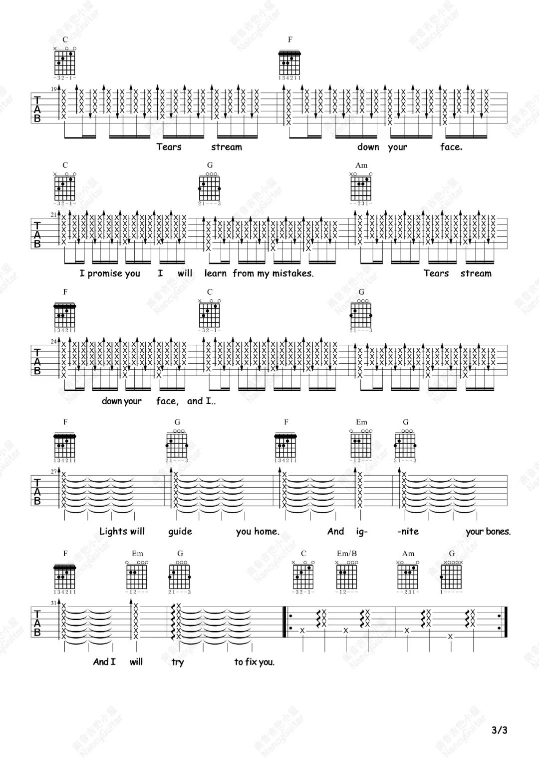 Fix You吉他谱_Coldplay_C调六线谱_吉他弹唱教学视频3