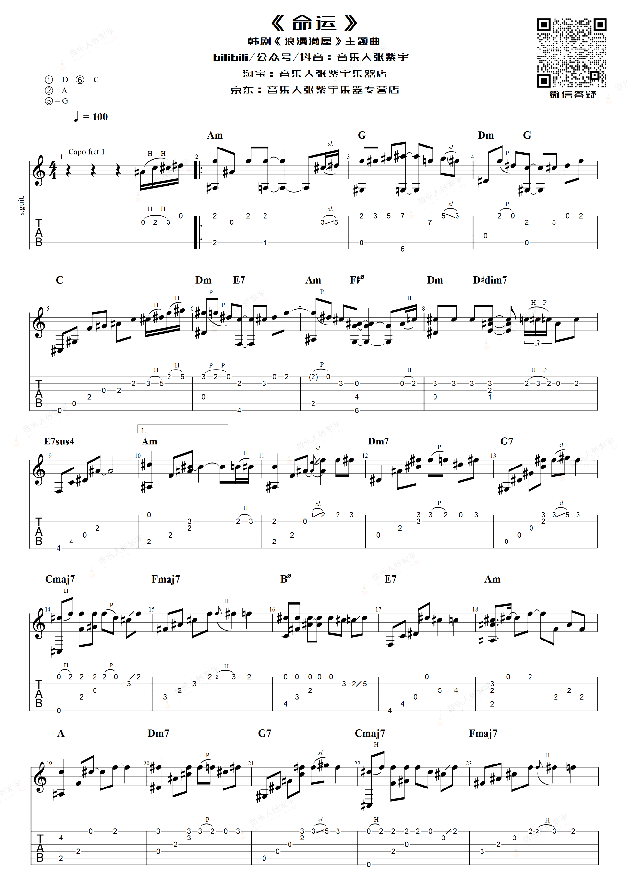 命运指弹吉他谱_张紫宇_吉他独奏六线谱_吉他指弹教学1
