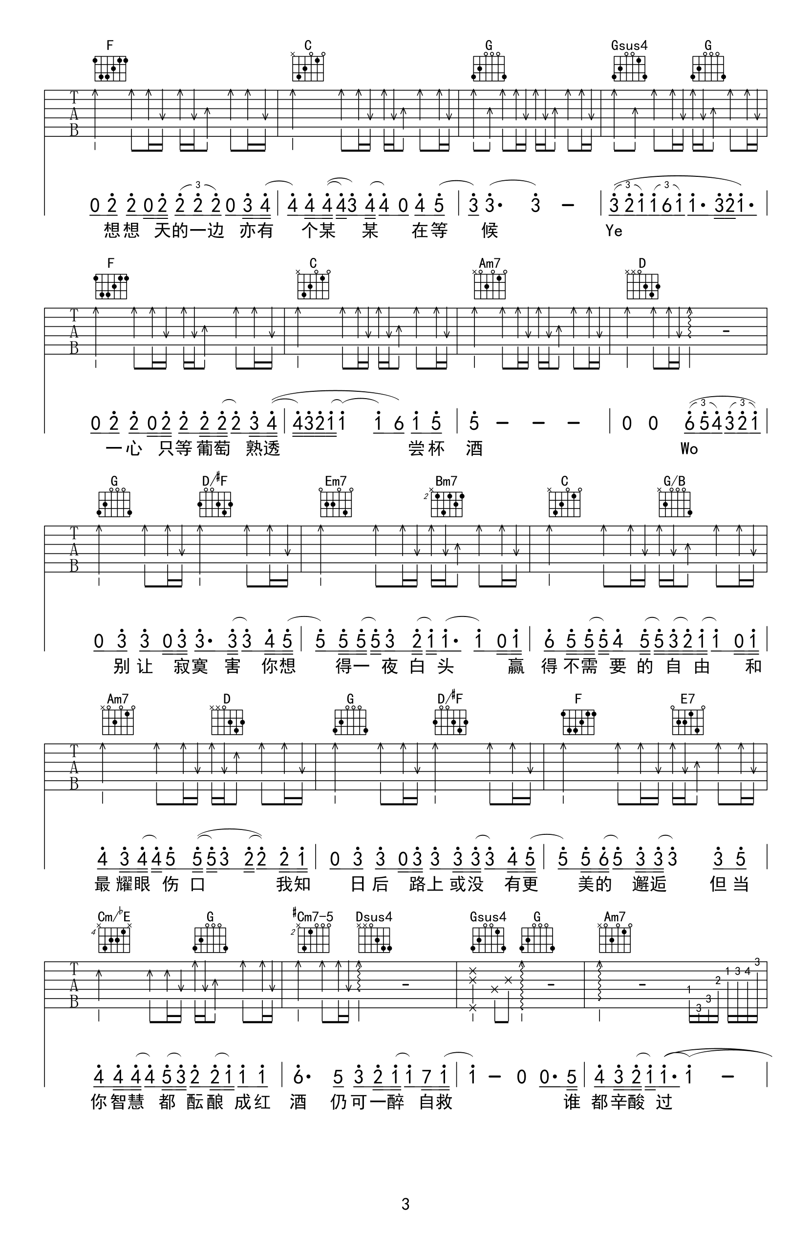葡萄成熟时吉他谱_陈奕迅_G调原版_高清弹唱六线谱3