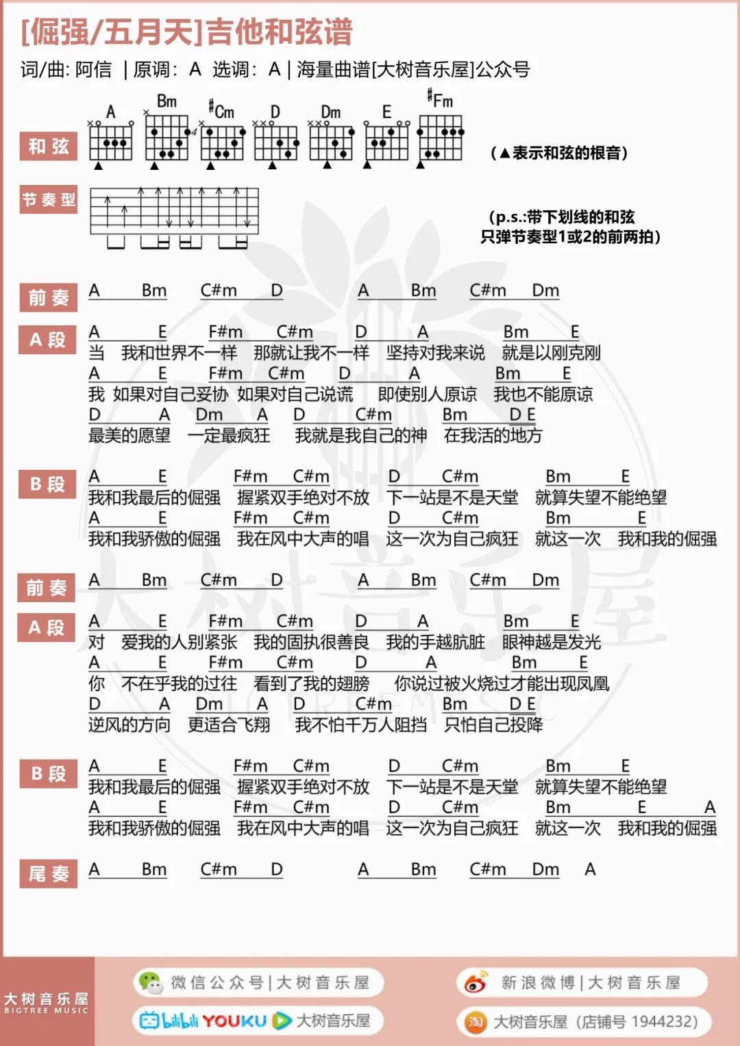 倔强吉他谱_五月天_《倔强》A调六线谱_吉他弹唱教学视频3