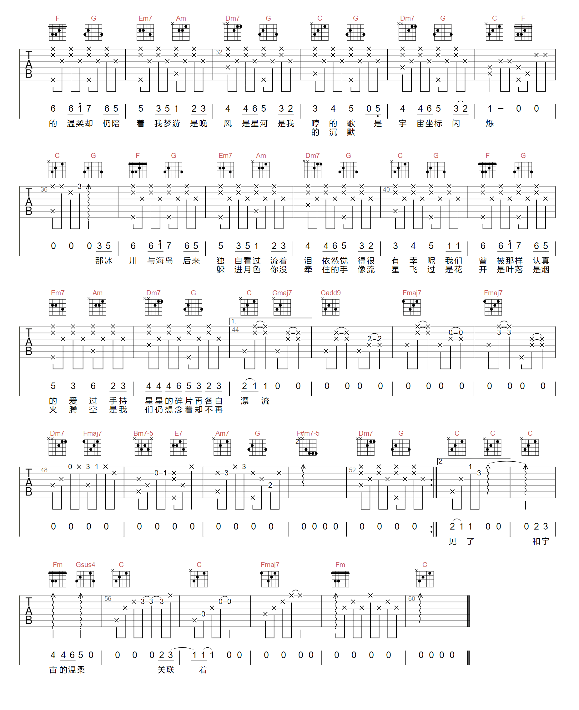 和宇宙的温柔关联吉他谱_房东的猫_C调原版_高清弹唱六线谱2