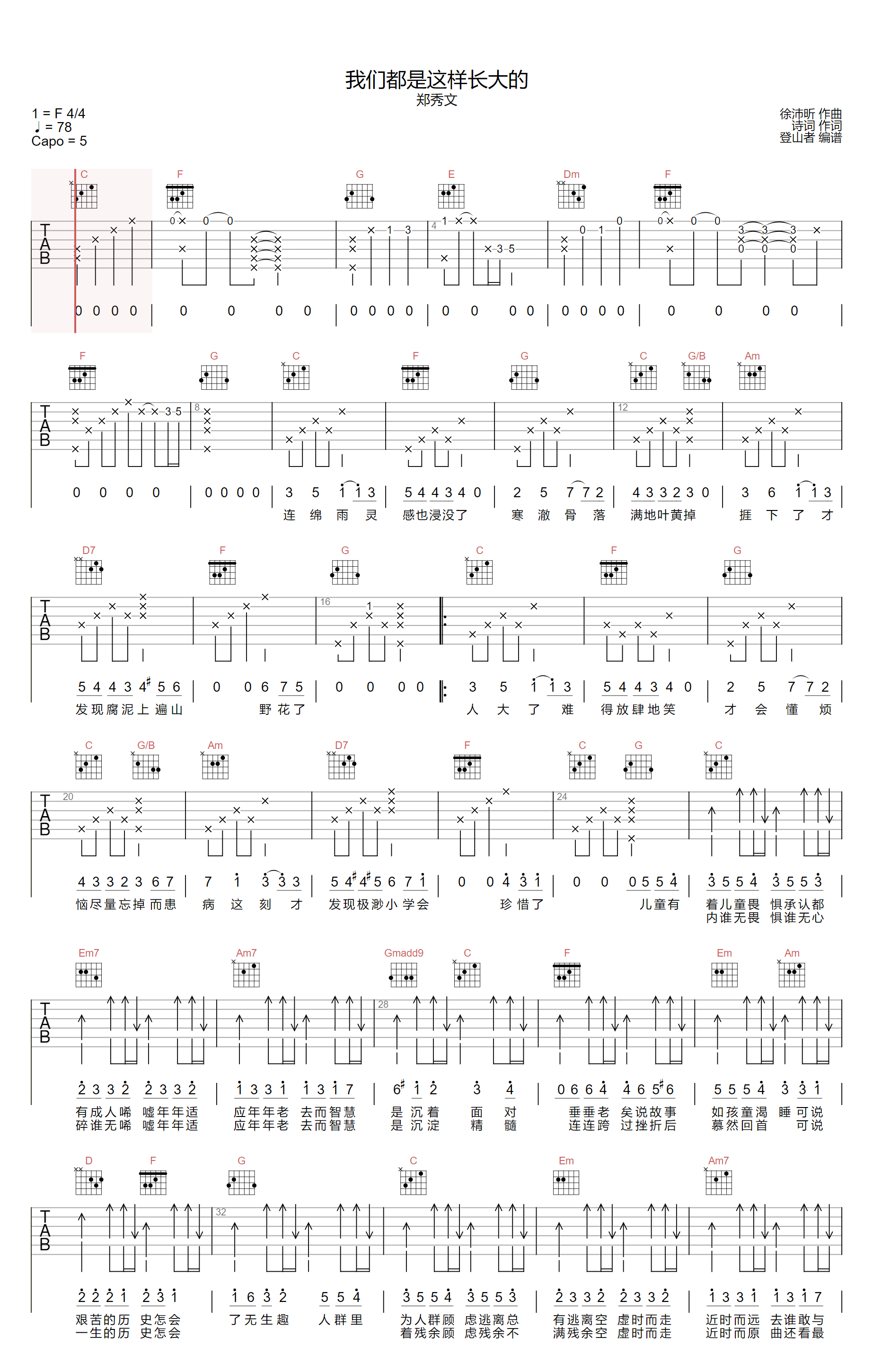 我们都是这样长大的吉他谱_郑秀文_C调原版_高清弹唱六线谱1