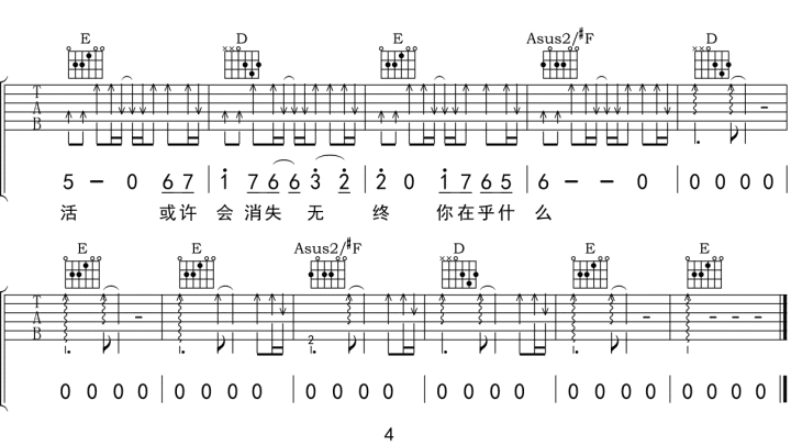 太多吉他谱_阿冗_A调原版_高清弹唱六线谱4