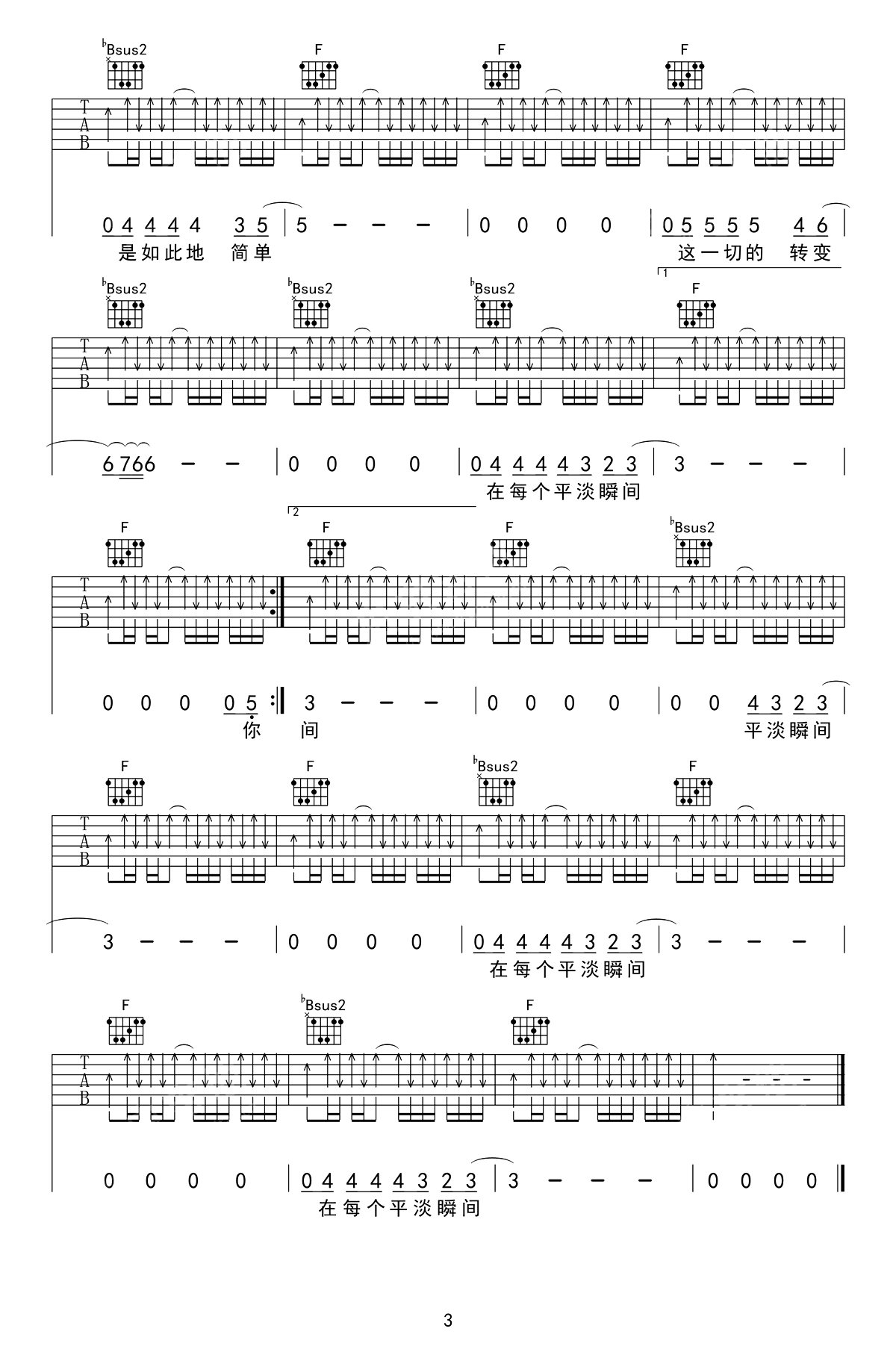 每一刻都是崭新的吉他谱_许巍_F调扫弦版_高清弹唱六线谱3