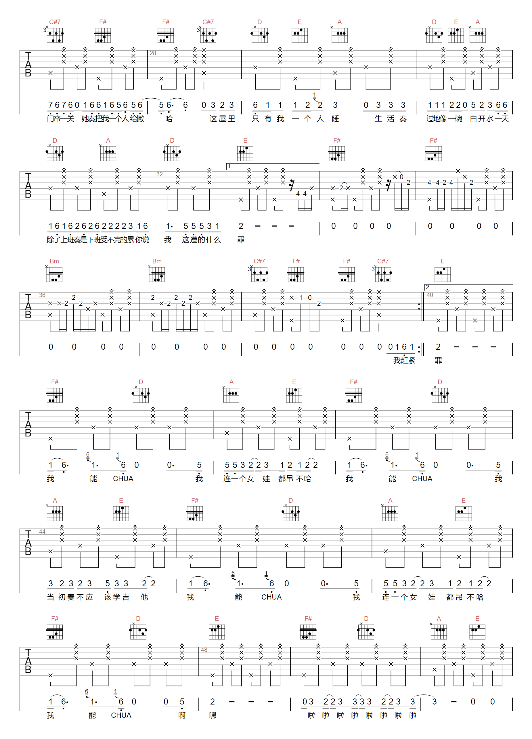 我能CHUA吉他谱_马飞_G调原版_高清弹唱六线谱2