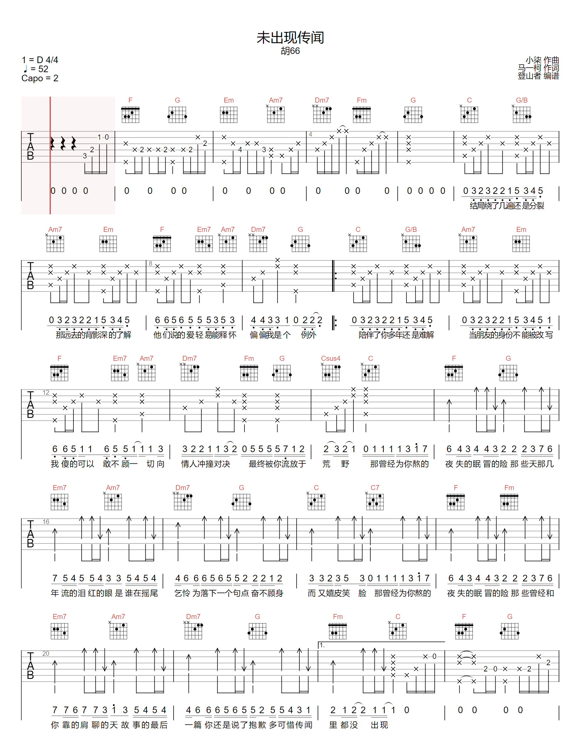 未出现传闻吉他谱_胡66_C调原版_高清弹唱六线谱1