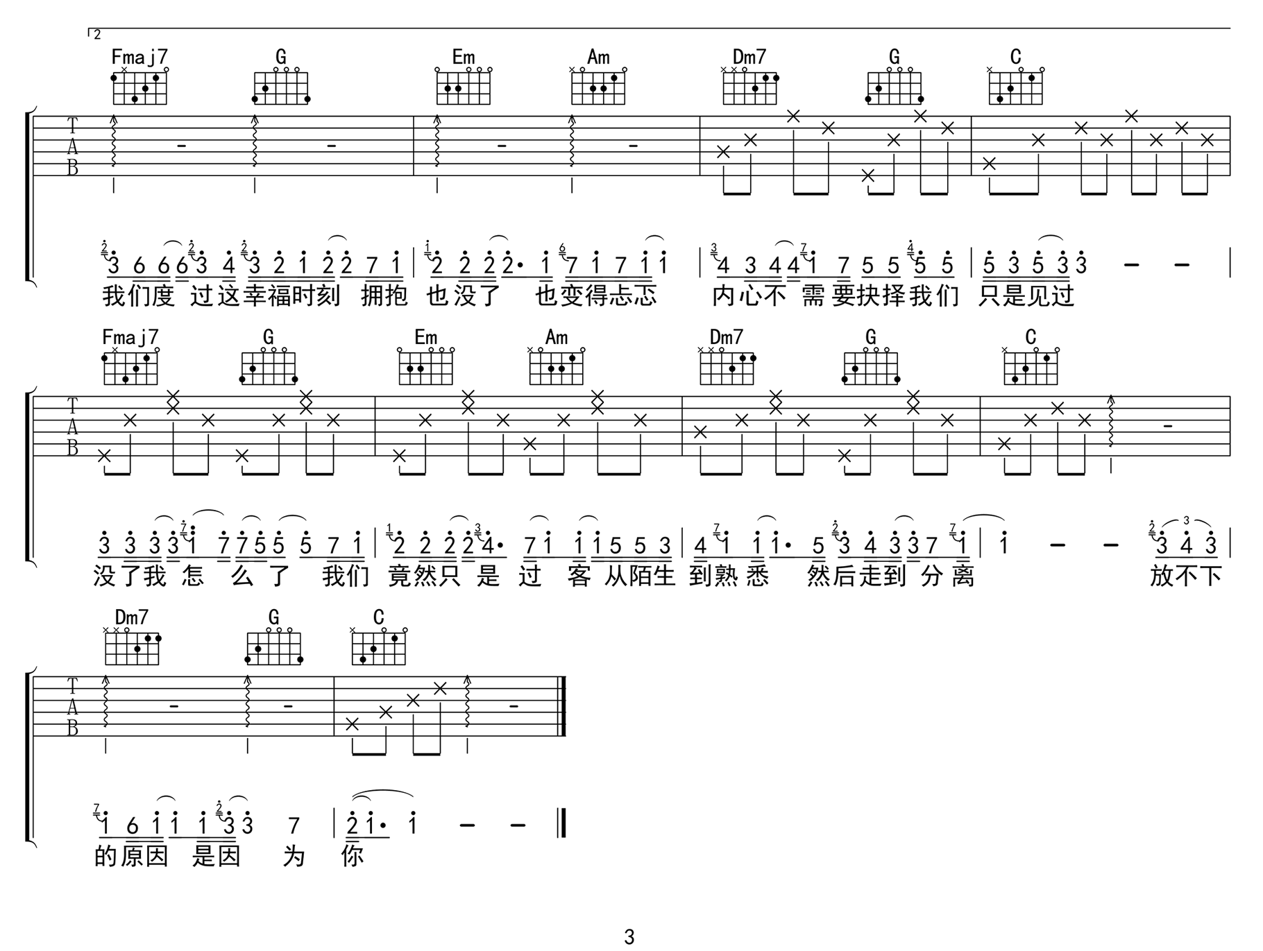 我走后吉他谱_小咪_C调原版_高清弹唱六线谱3