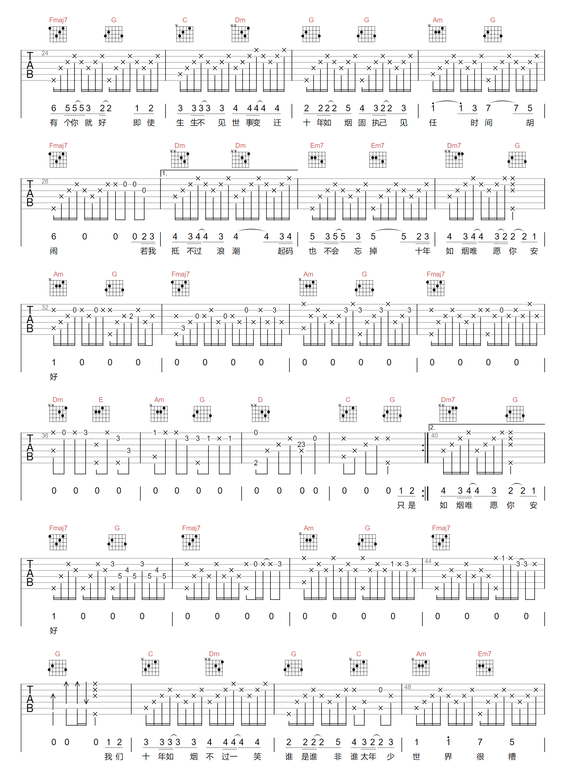 十年如烟吉他谱_郁可唯_C调原版_高清弹唱六线谱2