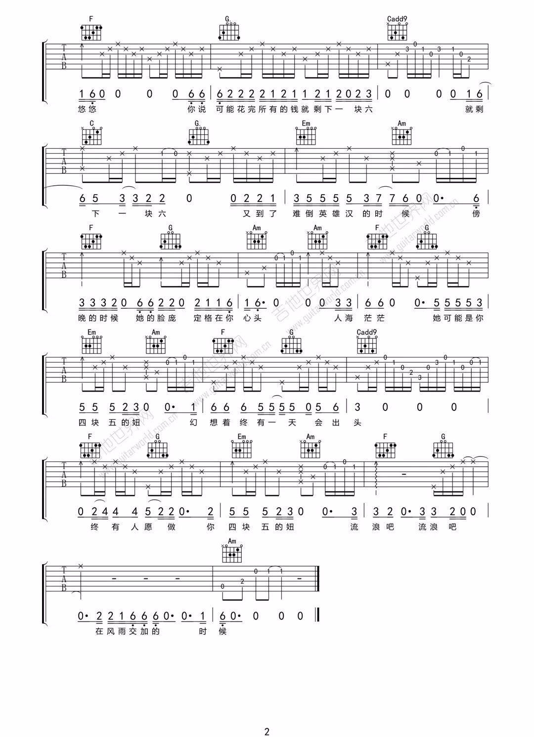 四块五吉他谱_隔壁老樊_C调简单版_高清弹唱六线谱2
