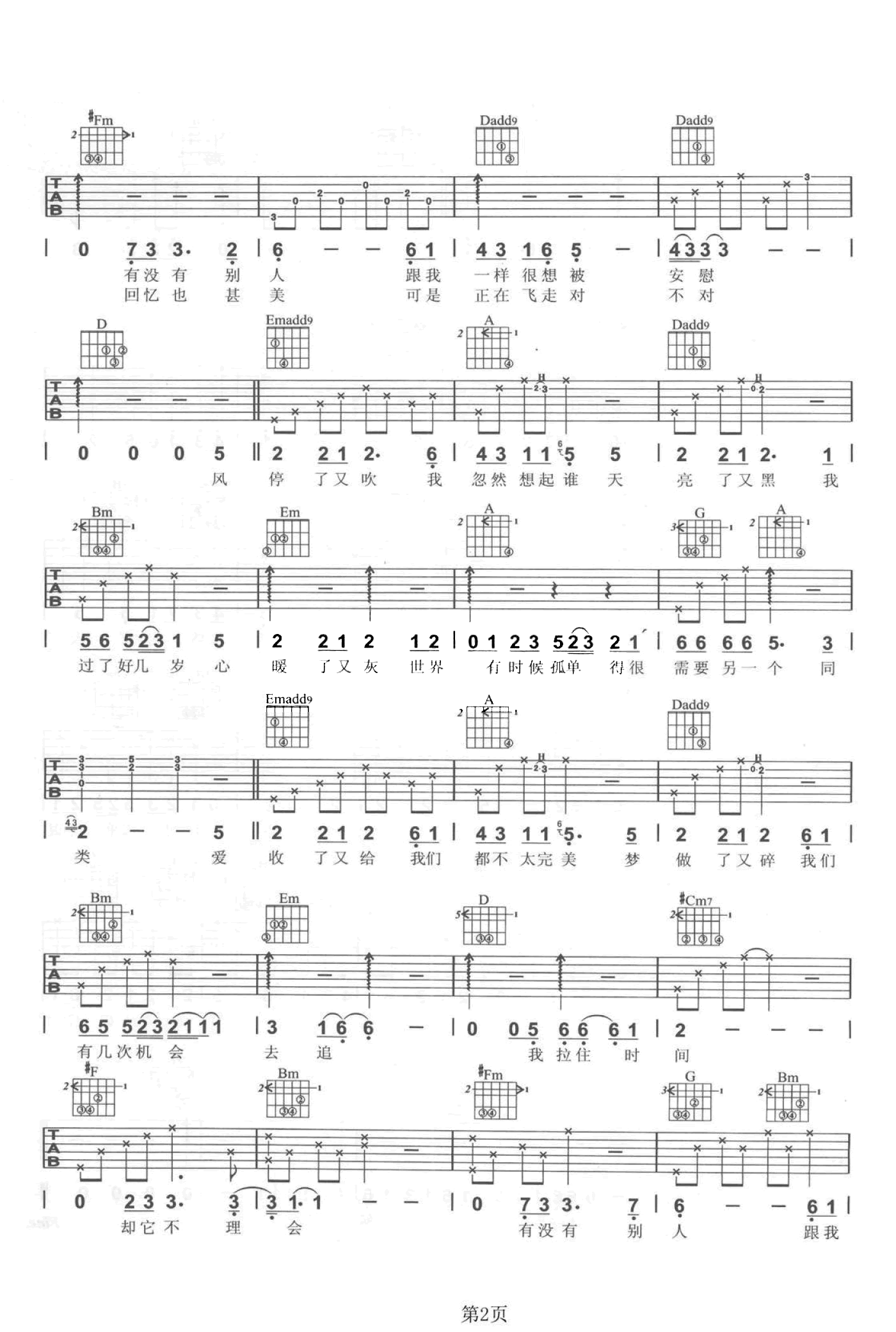 同类吉他谱_孙燕姿_《同类》D调原版_高清弹唱六线谱2