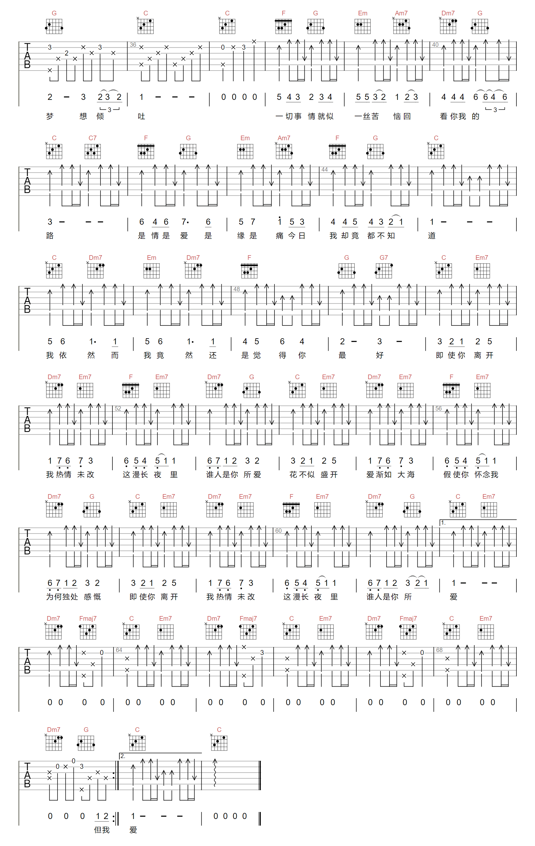 还是觉得你最好吉他谱_张学友_C调简单版_高清弹唱六线谱2
