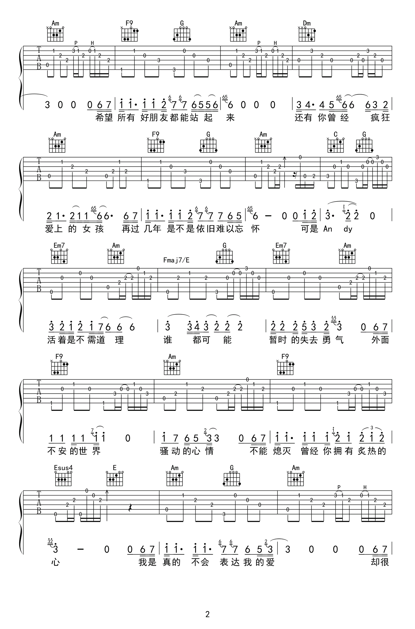 Andy吉他谱_阿杜_C调原版_高清弹唱六线谱2