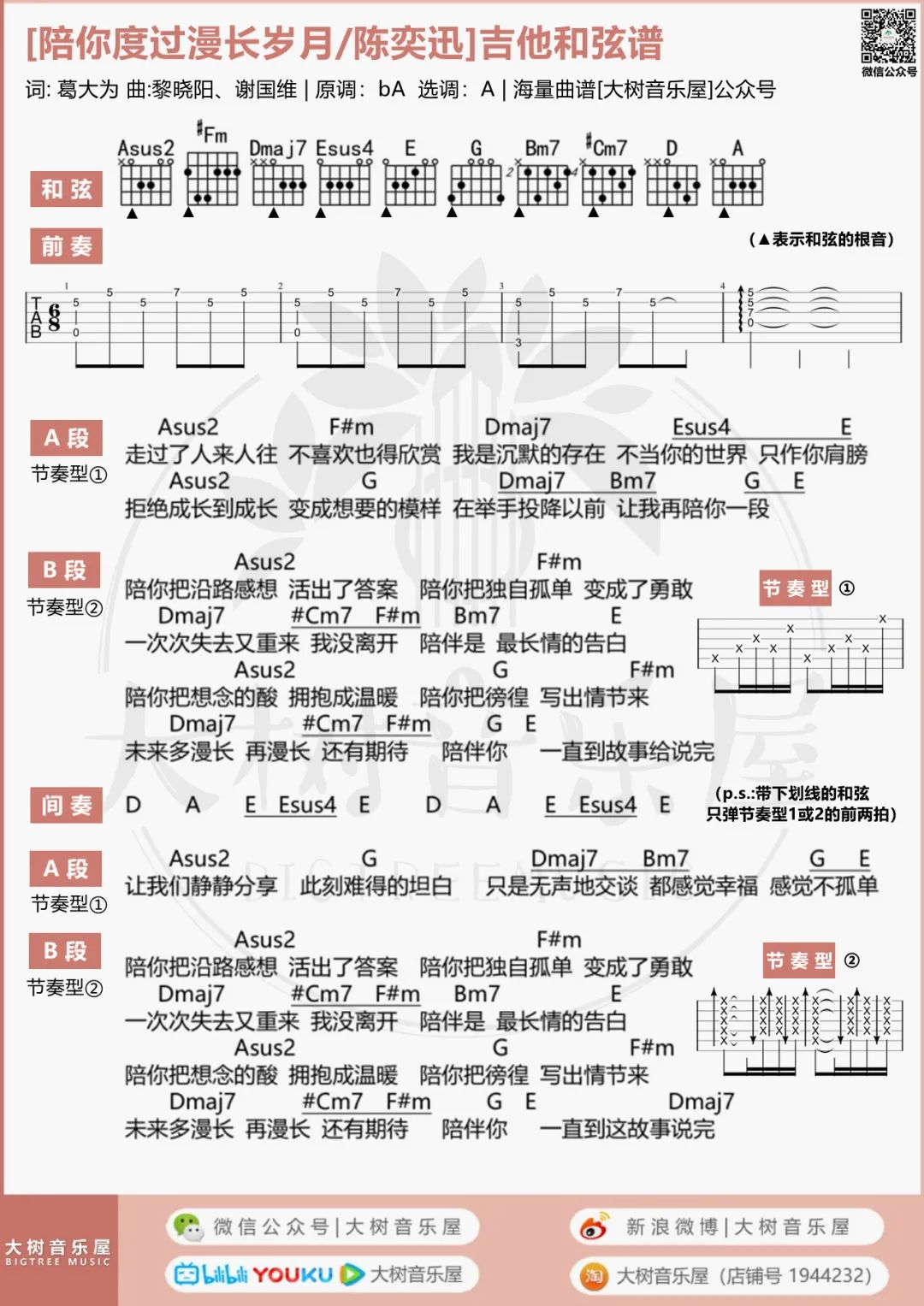 陪你度过漫长岁月吉他谱_陈奕迅_A调六线谱_弹唱教学视频4