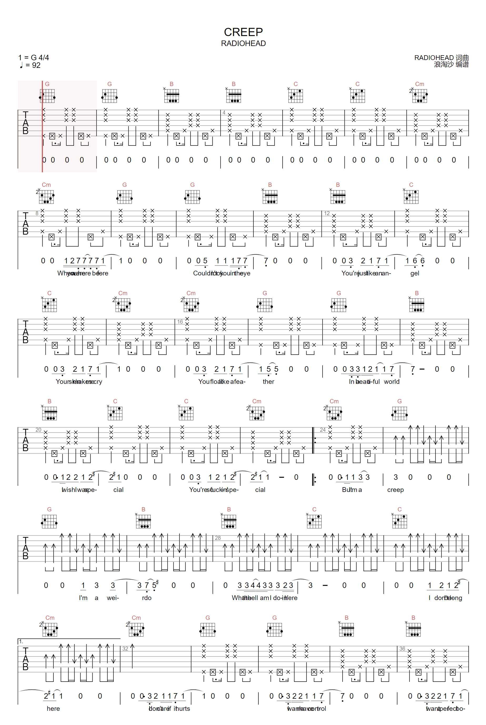 Creep吉他谱_Radiohead_G调拍弦版_高清弹唱六线谱1