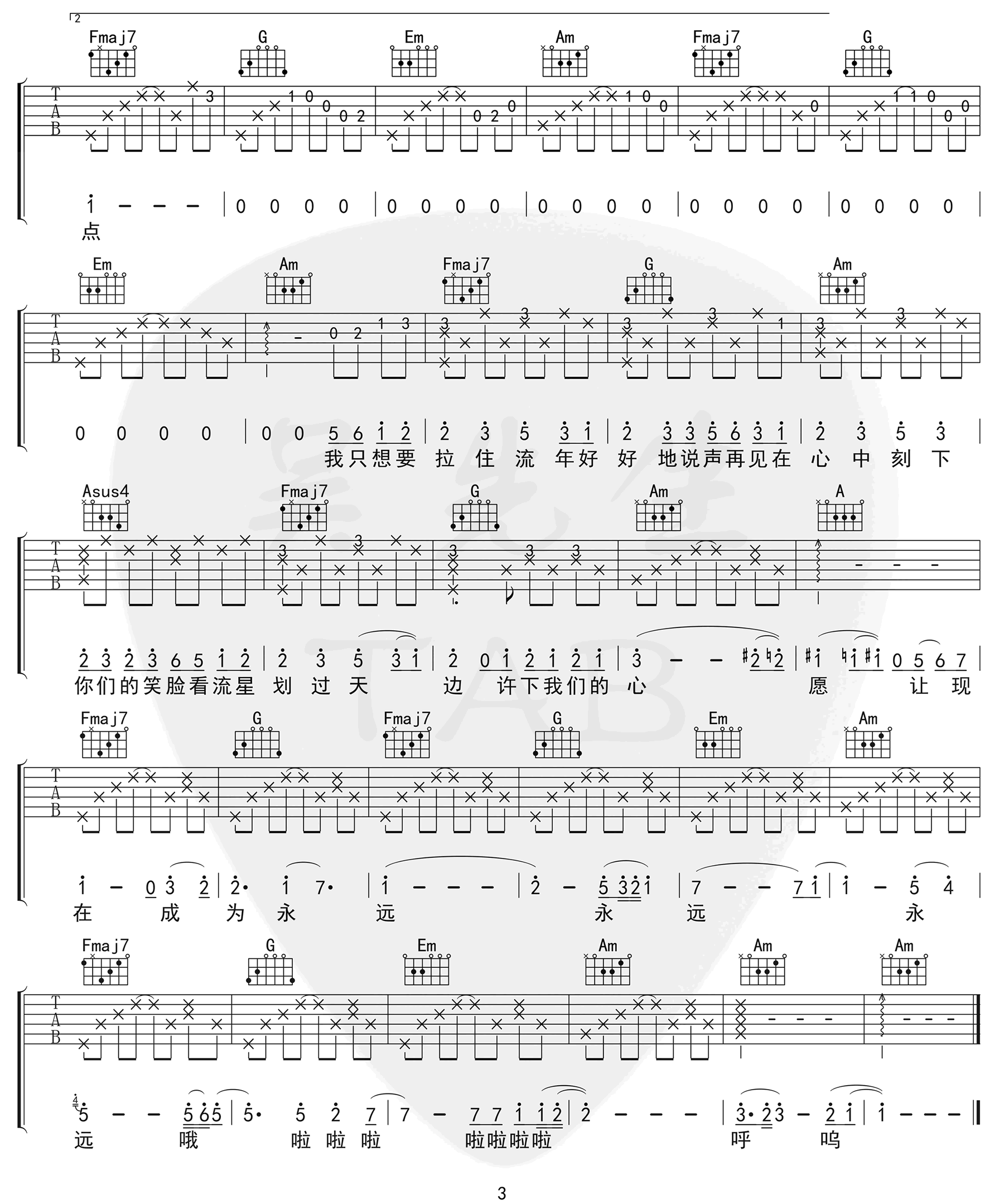 记念吉他谱_雷雨心_《记念》C调原版_高清弹唱六线谱3