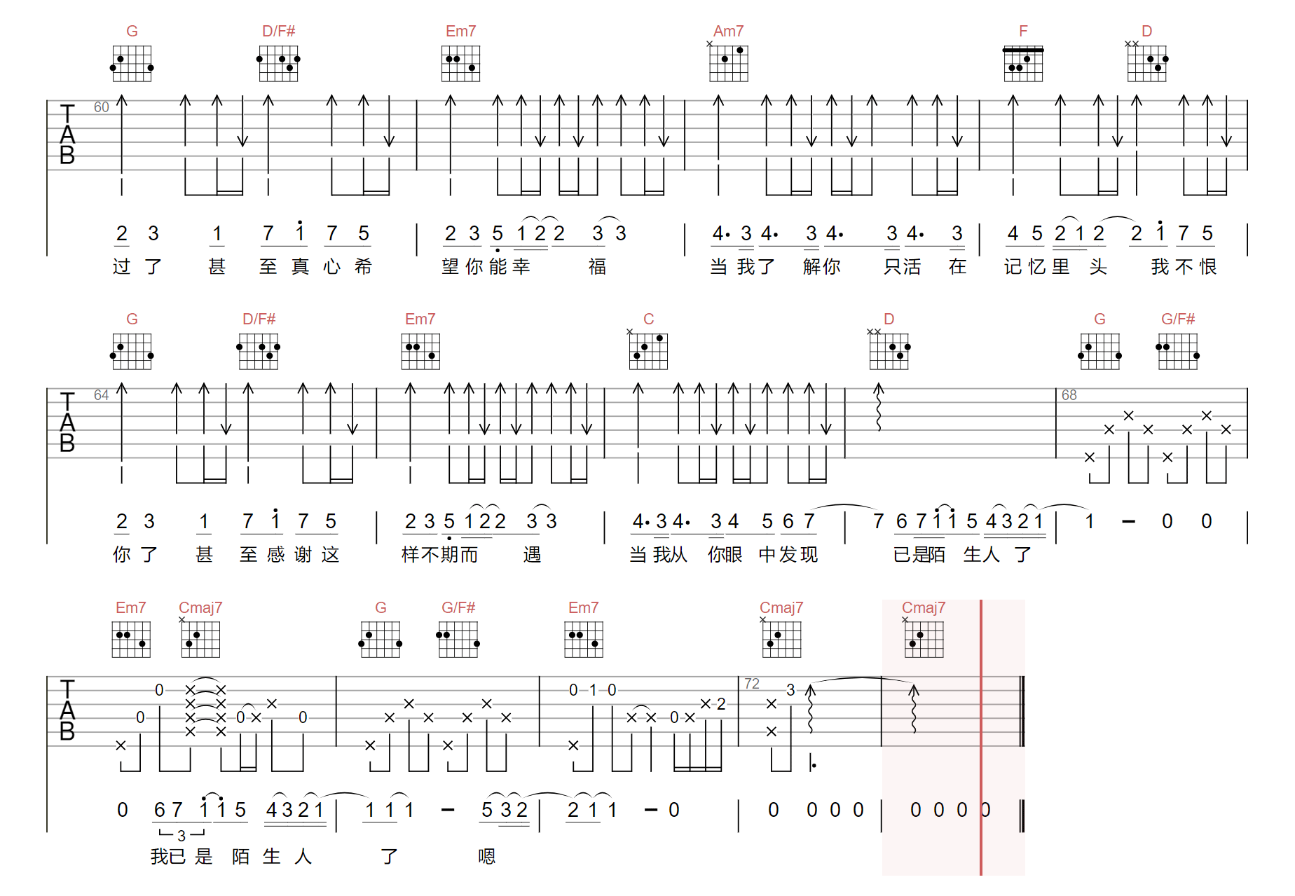 陌生人吉他谱_蔡健雅_G调原版_高清弹唱六线谱3