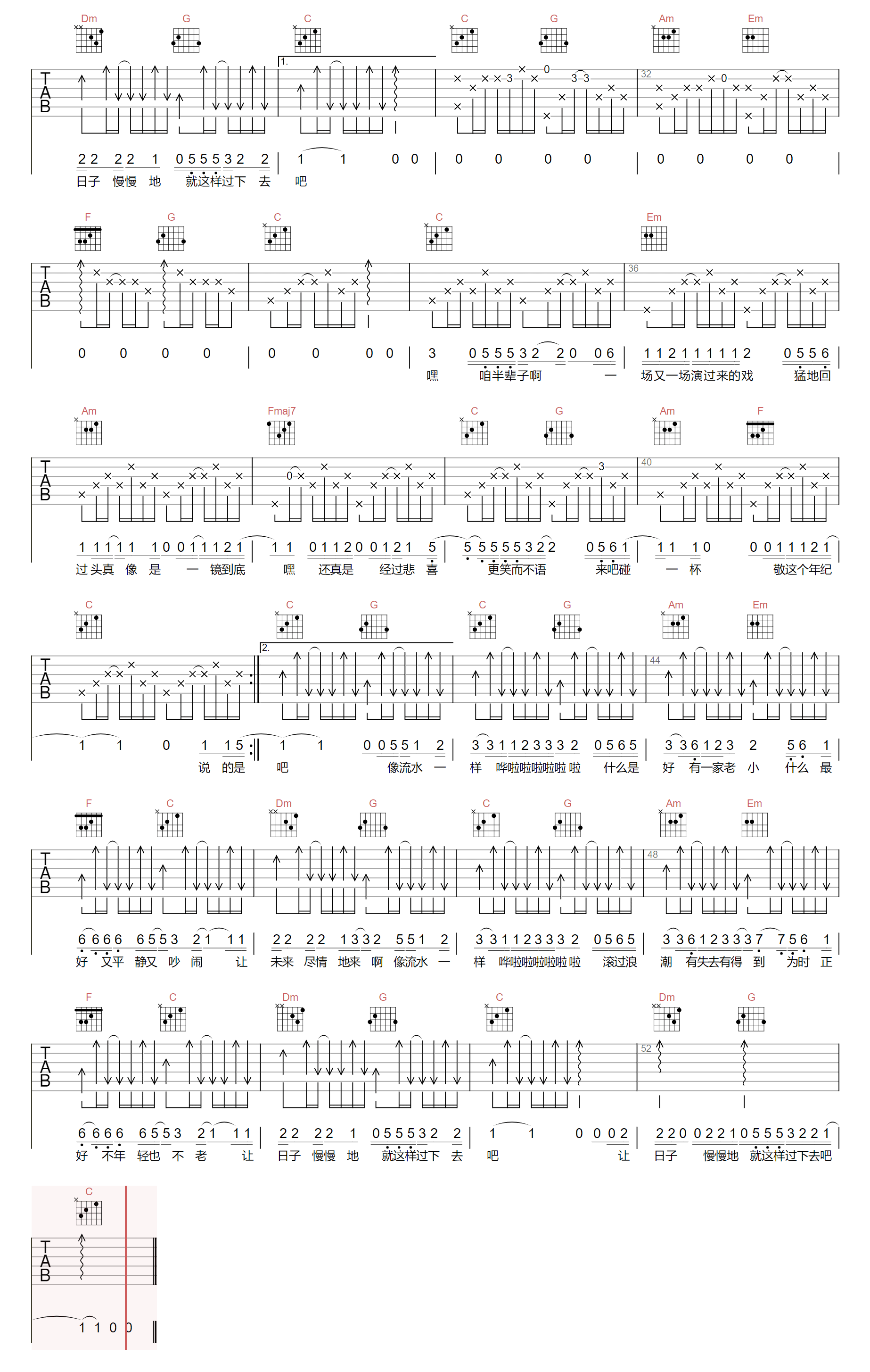 细水长流吉他谱_刘德华_C调原版_高清弹唱六线谱2