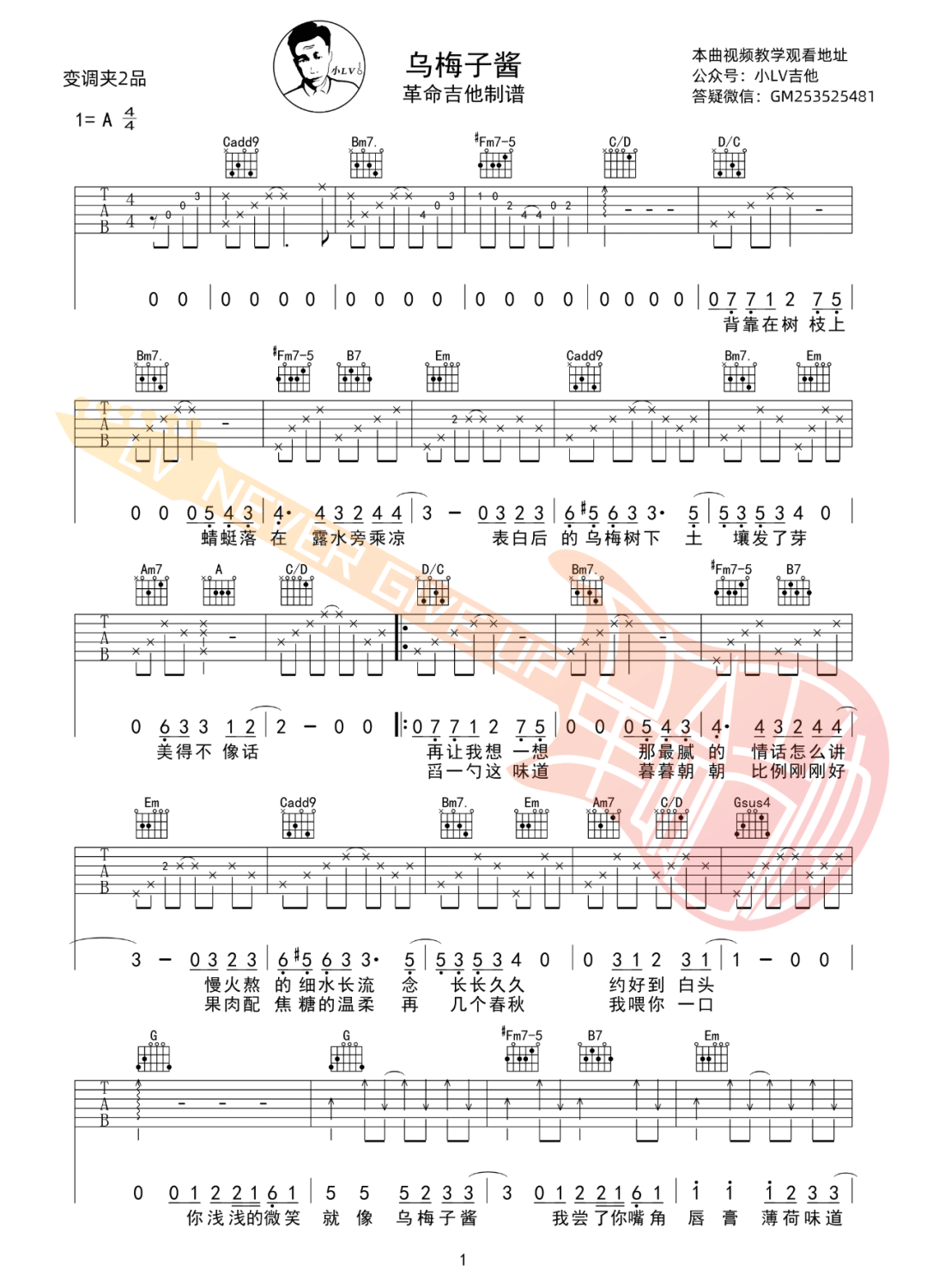 乌梅子酱吉他谱_李荣浩_G调六线谱_吉他弹唱教学视频1