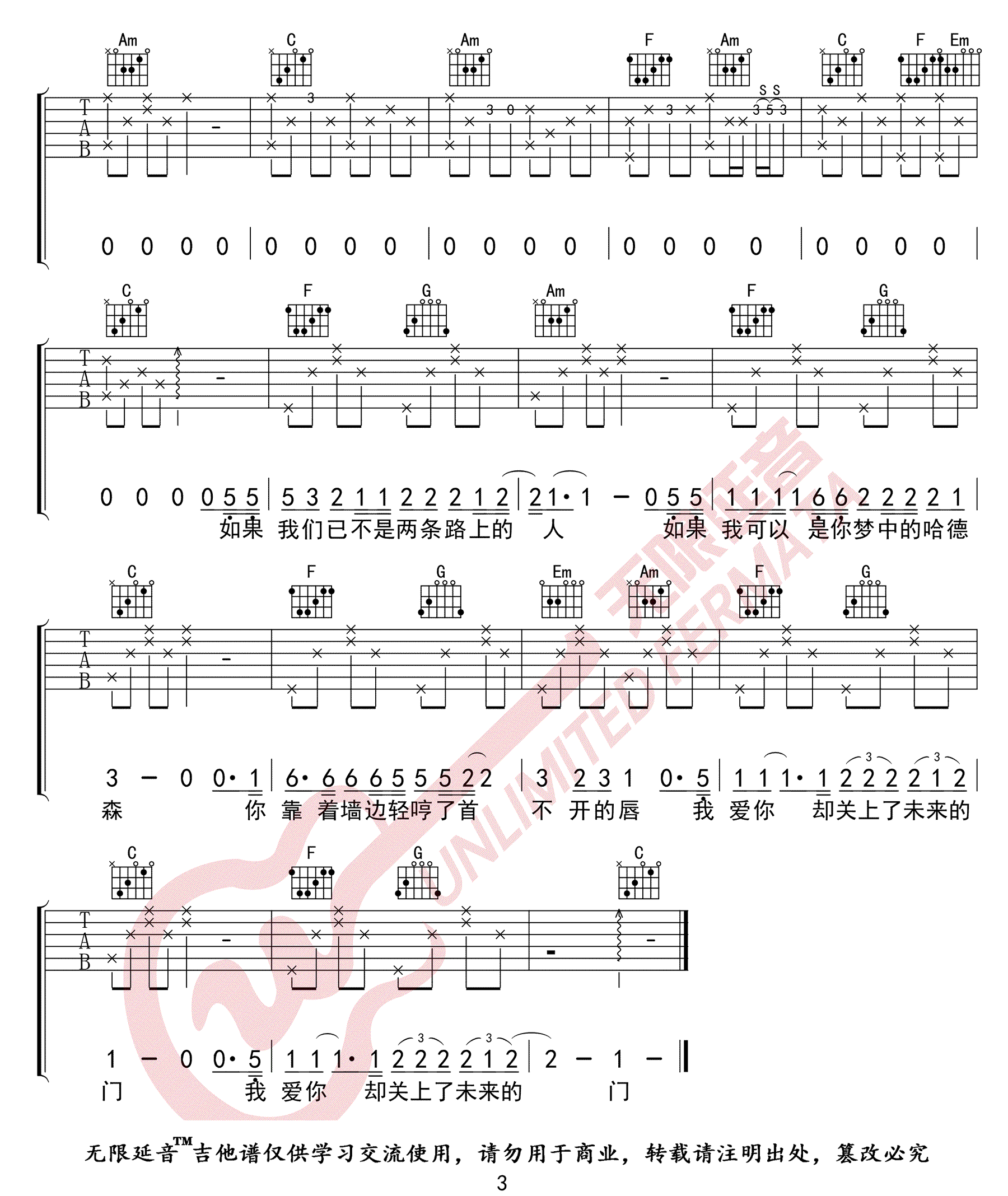 这个世界不会好吉他谱_子默_C调简单版_高清弹唱六线谱3