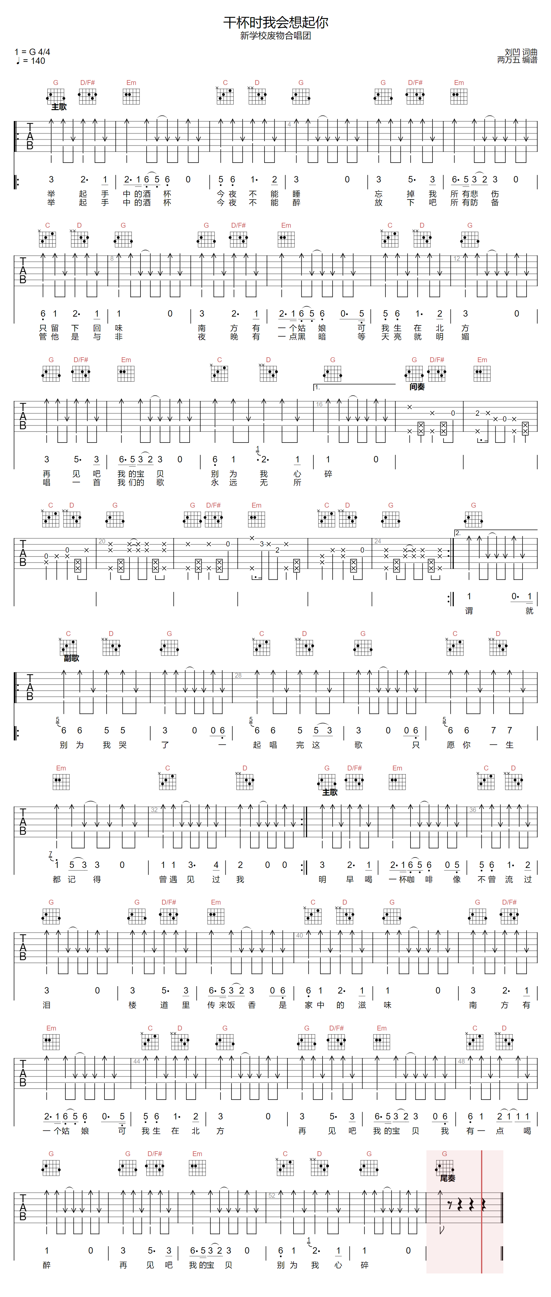 干杯时我会想起你吉他谱_新学校废物合唱团_G调高清弹唱谱