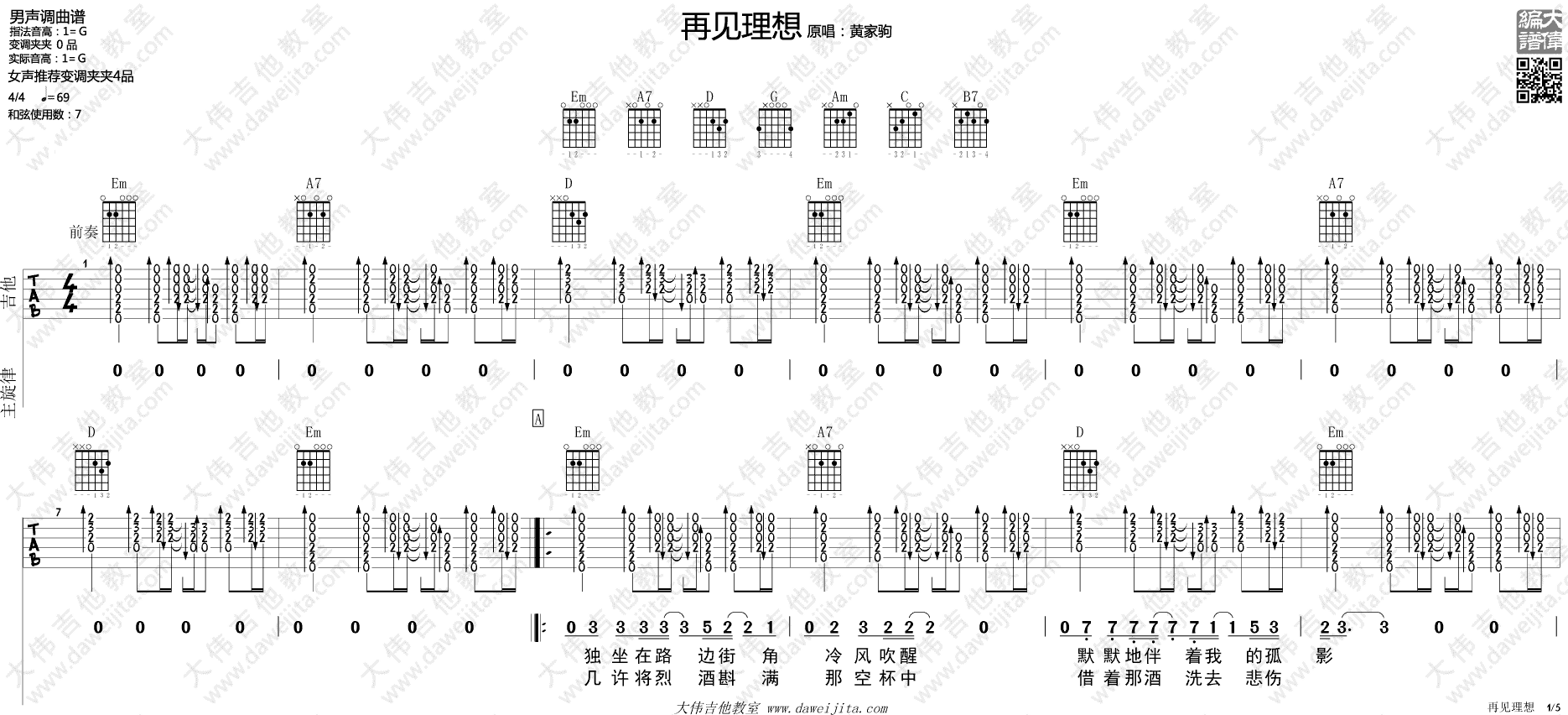 再见理想吉他谱_Beyond_G调原版六线谱_吉他弹唱教学视频1