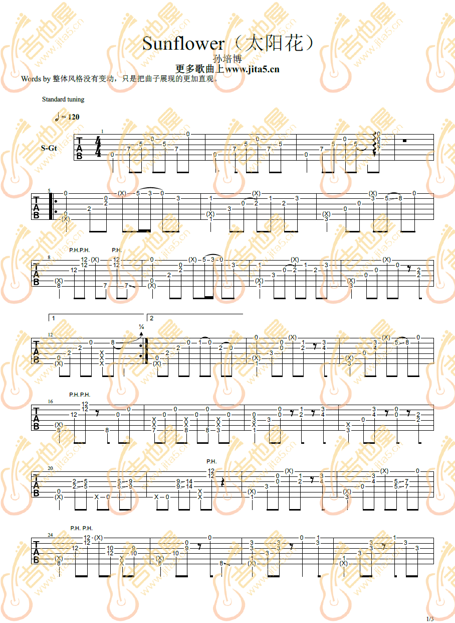 太阳花指弹吉他谱_孙培博_吉他独奏六线谱_高清指弹谱1