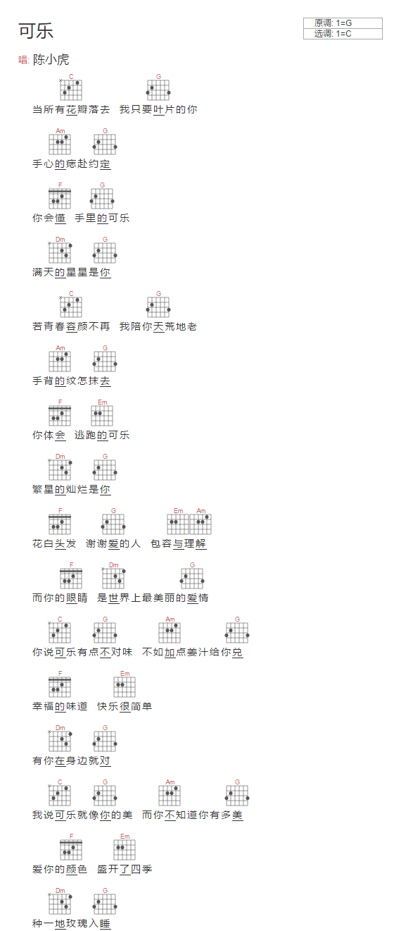 可乐吉他谱_陈小虎_C调简单版_高清弹唱和弦谱