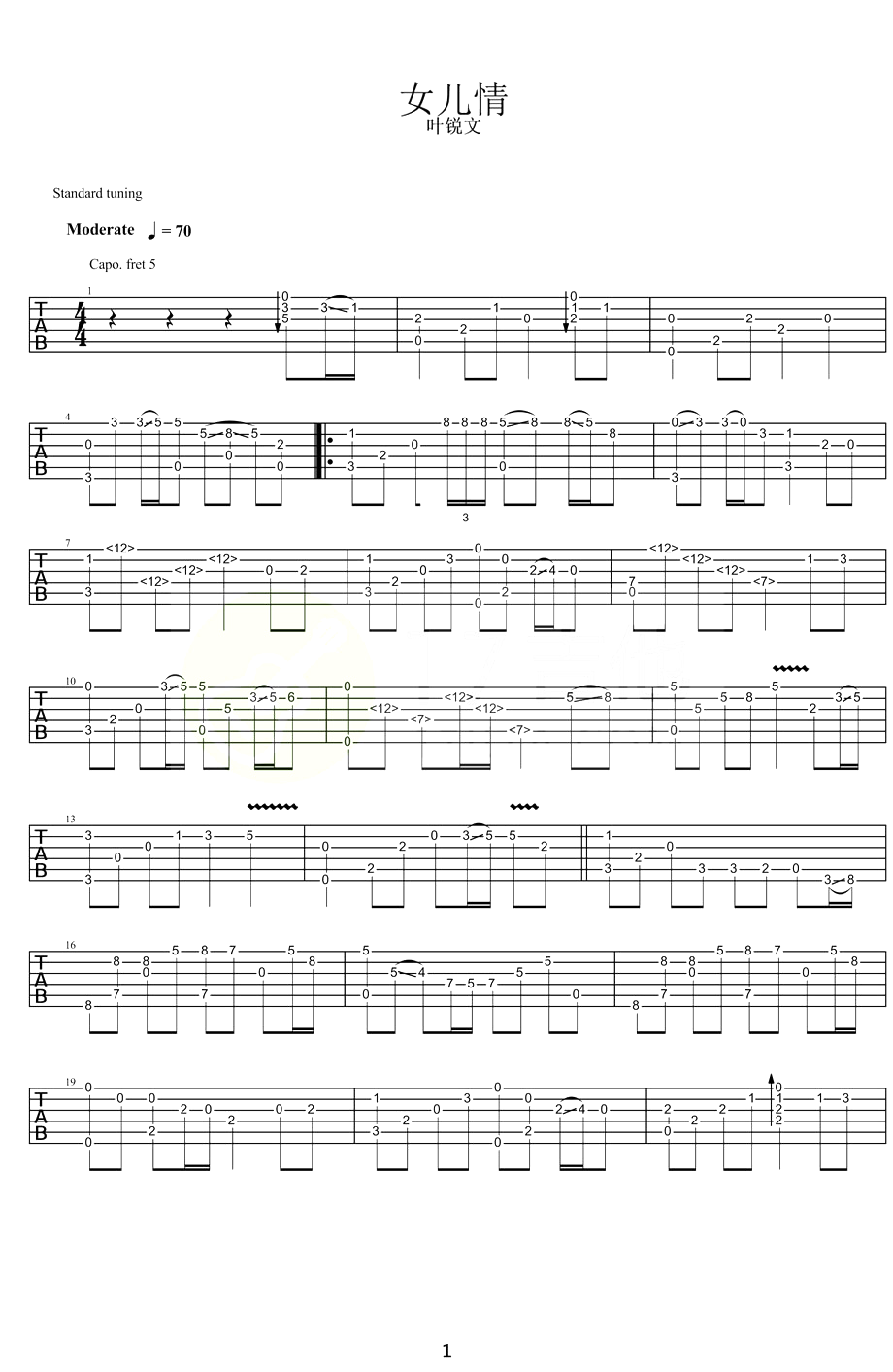 女儿情指弹吉他谱_叶锐文_吉他独奏六线谱_高清指弹谱1