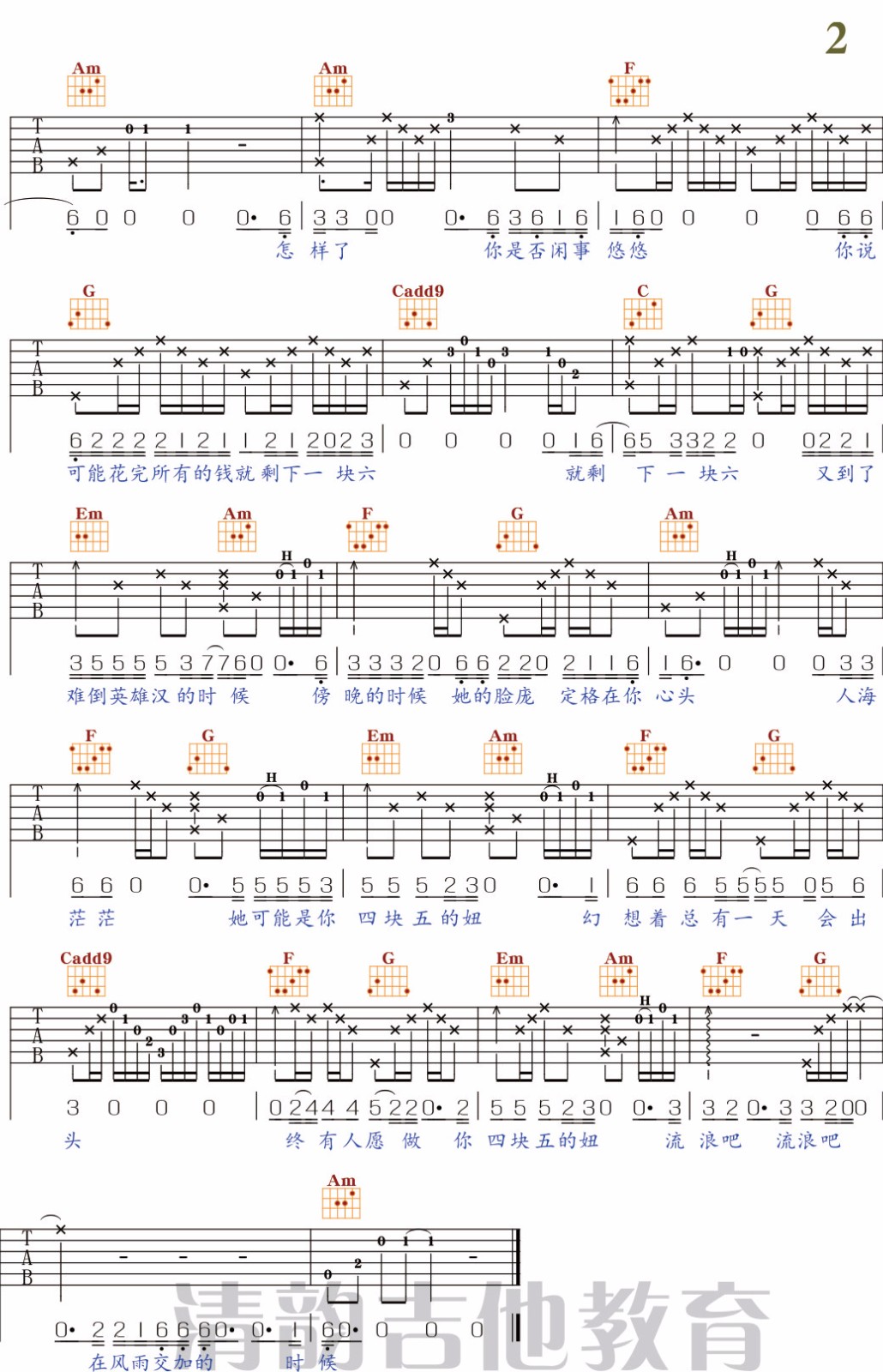 四块五吉他谱_隔壁老樊_C调原版_高清弹唱六线谱2