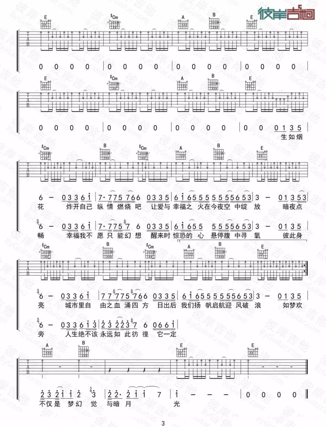 生之响往吉他谱_刺猬乐队_E调原版_高清弹唱六线谱3