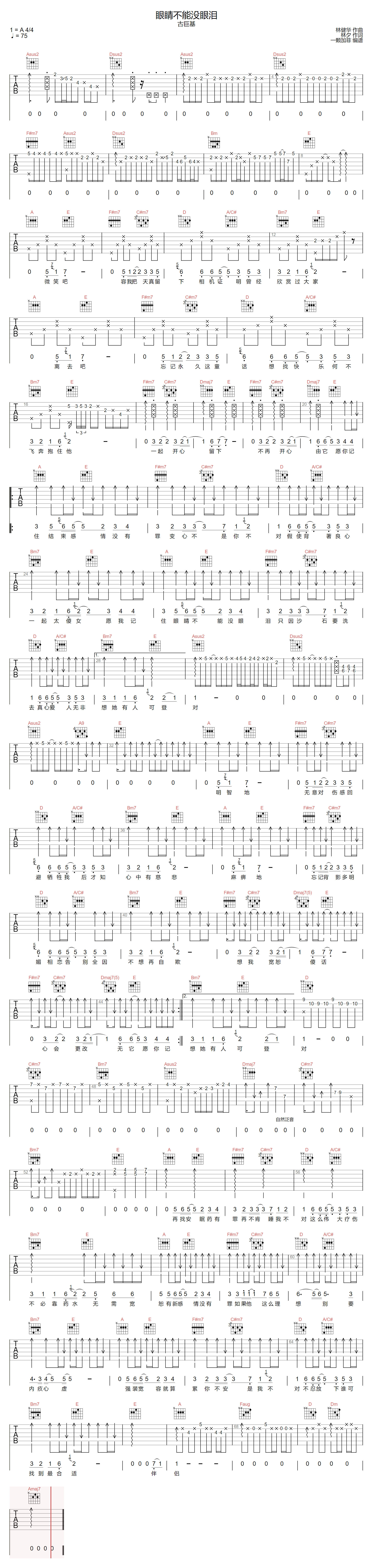 眼睛不能没眼泪吉他谱_古巨基_A调原版_高清弹唱六线谱