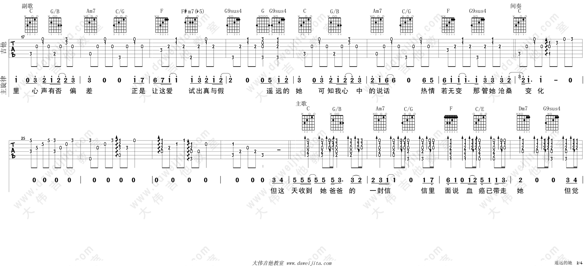 遥远的她吉他谱_陈奕迅_C调原版六线谱_吉他弹唱教学视频2