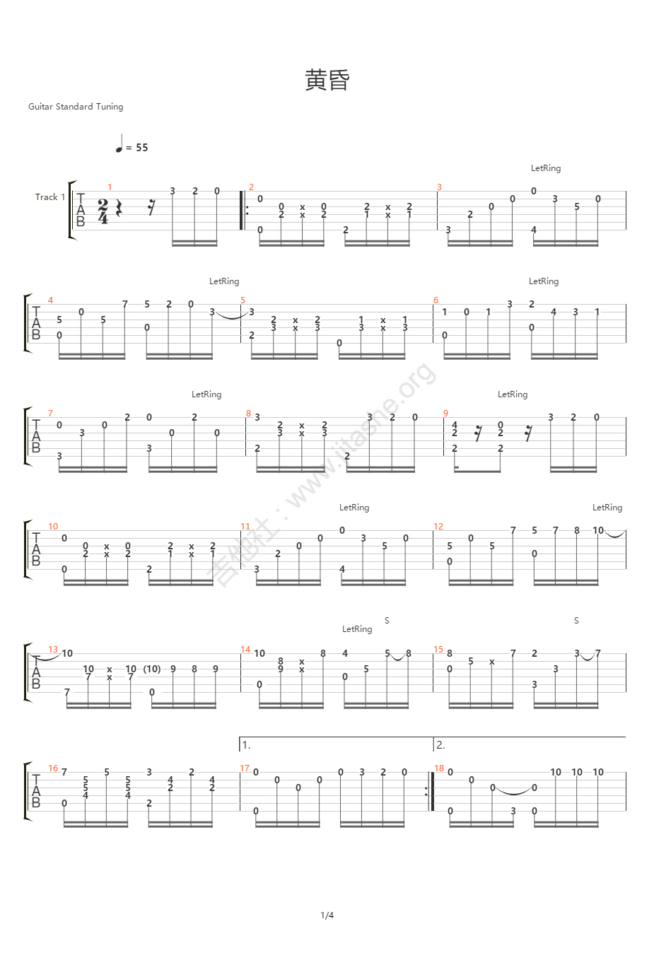 黄昏指弹吉他谱_押尾桑_吉他独奏六线谱_高清指弹谱1
