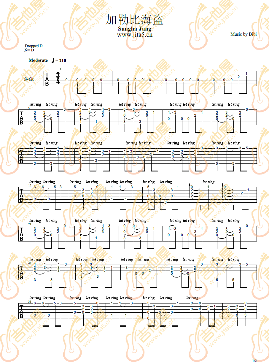 加勒比海盗指弹吉他谱_吉他独奏六线谱_高清指弹谱1