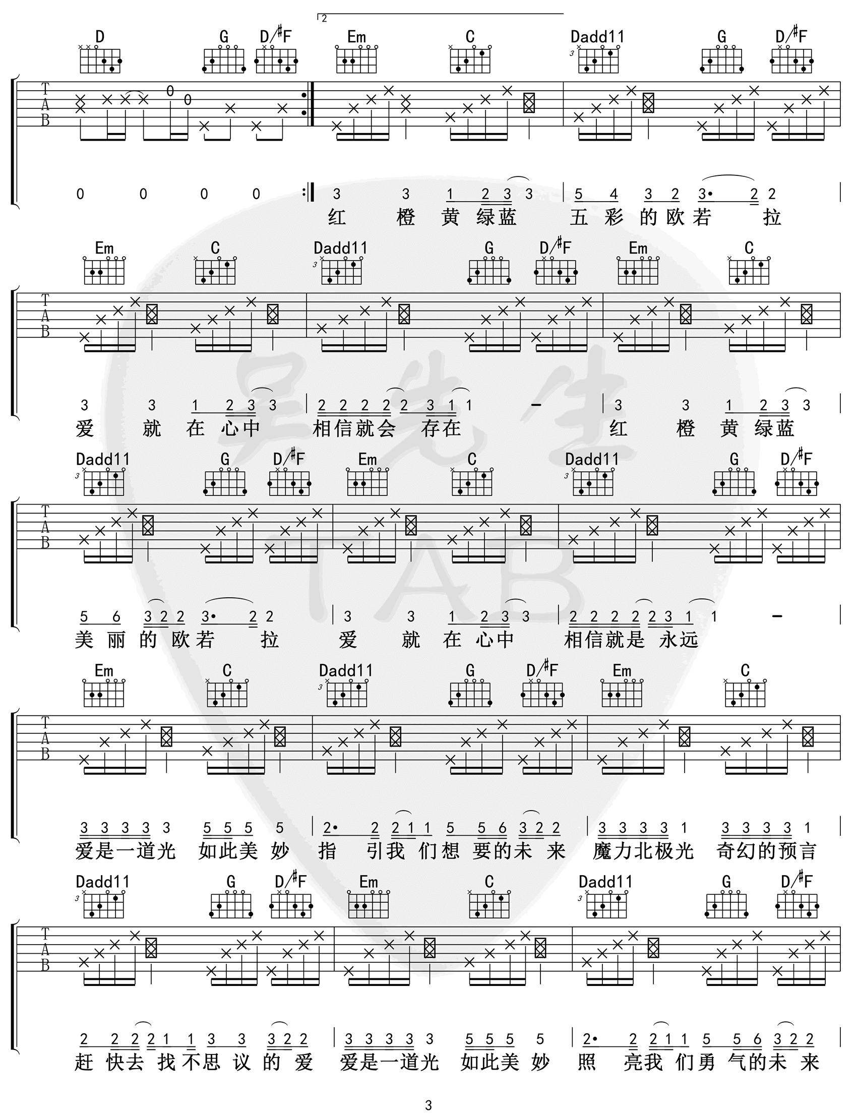 欧若拉吉他谱_张韶涵_G调原版_高清弹唱六线谱3