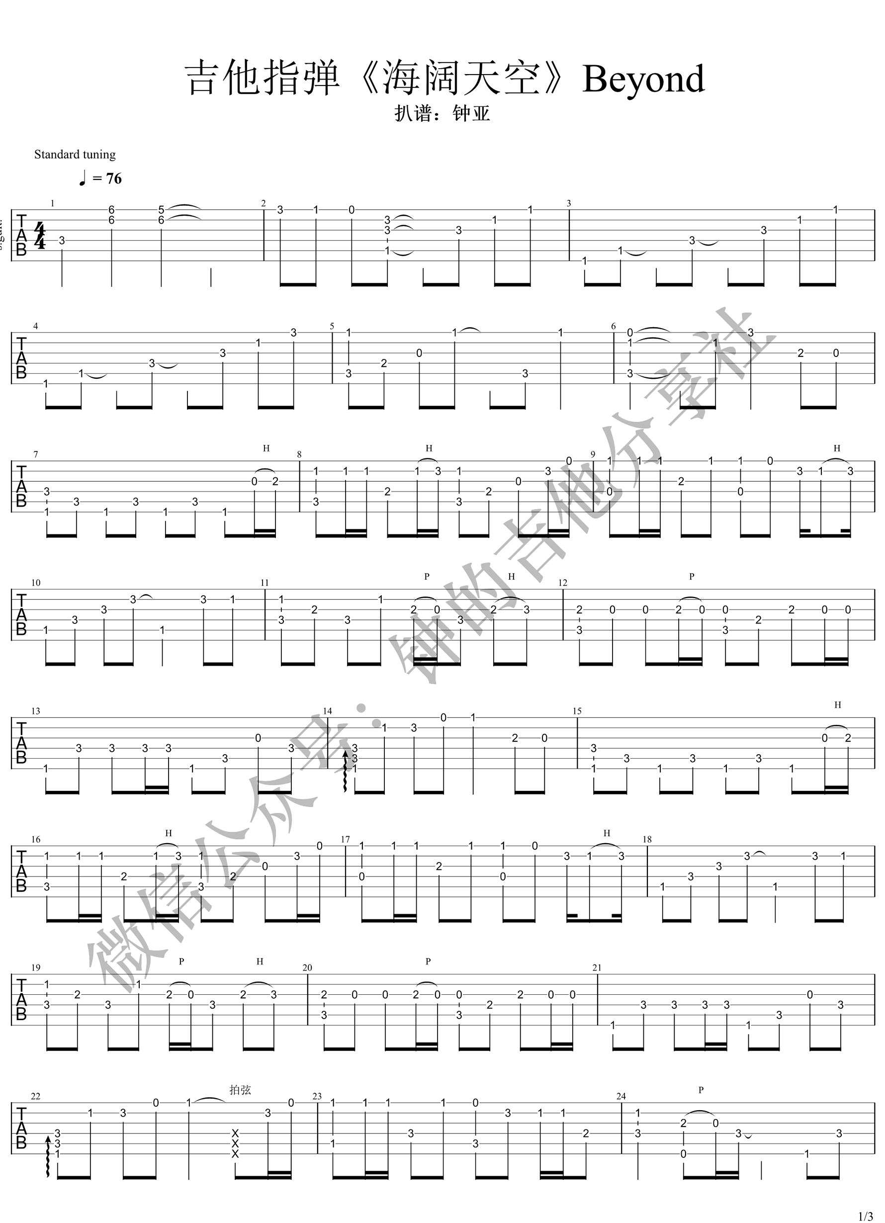 海阔天空指弹谱_Beyond_吉他独奏六线谱_高清指弹谱1