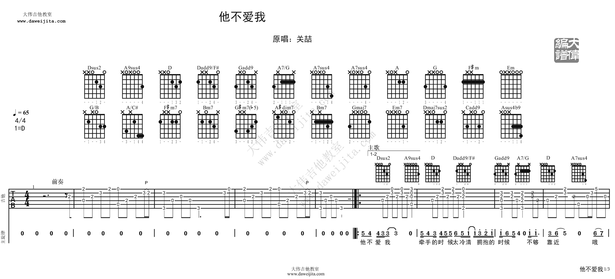 他不爱我吉他谱_莫文蔚_D调原版六线谱_吉他弹唱教学视频1